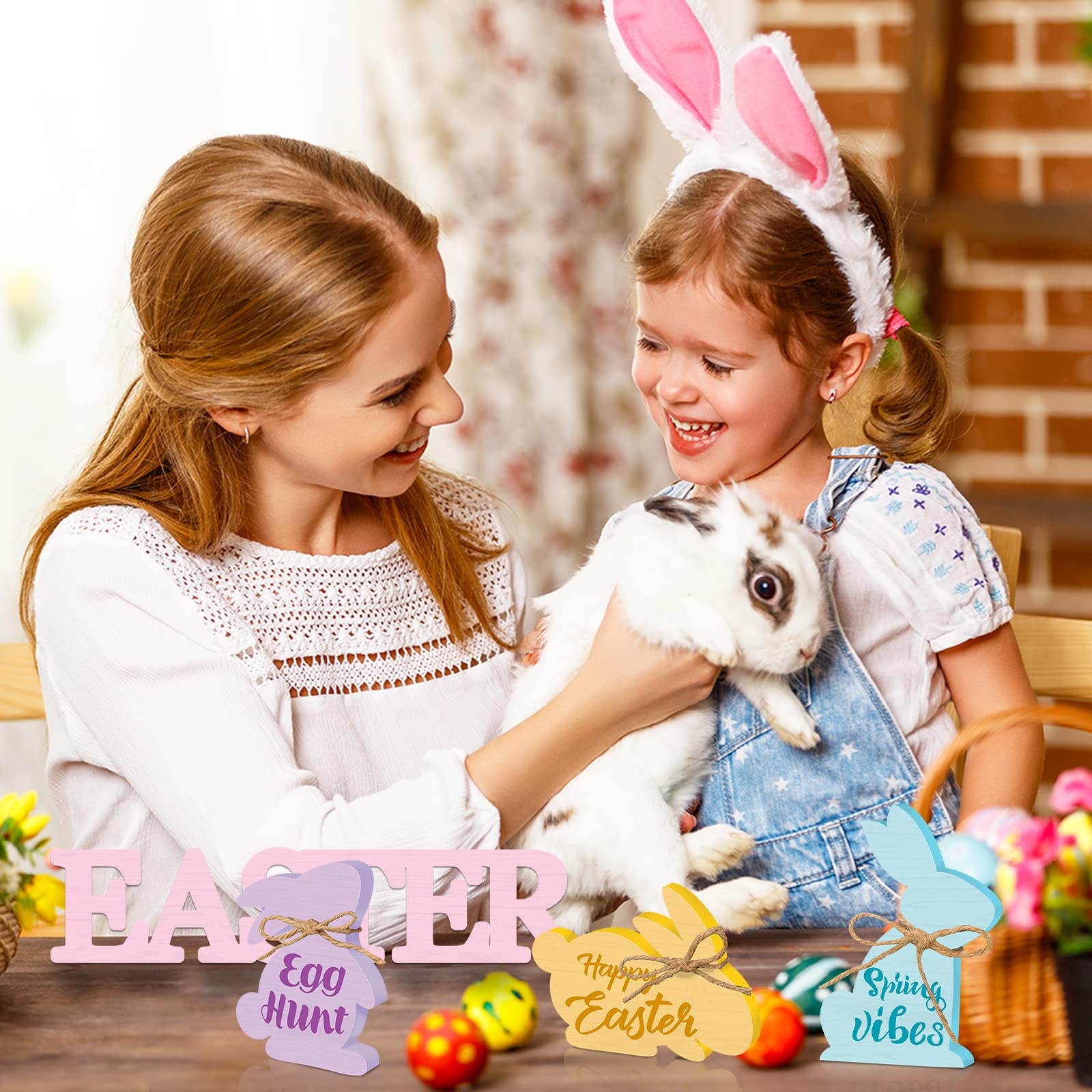 4 Pcs Easter Bunny Wooden Signs - Rustic Farmhouse Rabbit Decor for Tiered Tray, Spring Home & Party Decoration - Perfect for Easter Table Centerpiece, Mantel Display, and Seasonal Home Decor (Bunny Style)