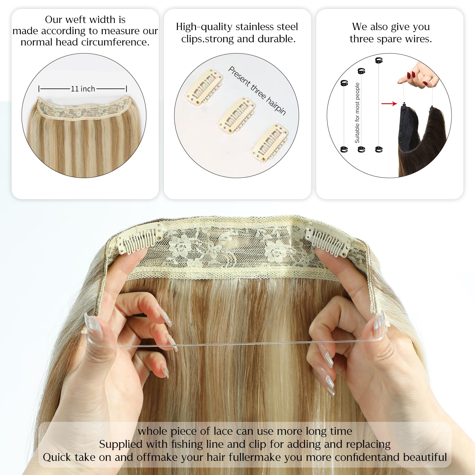 20 Inch Real Human Hair Extensions - Light Blonde to 613 Blonde Straight Hair with Hidden Wire & Transparent Fish Line for Invisible Look | Perfect for Daily Wear, Parties & Special Occasions