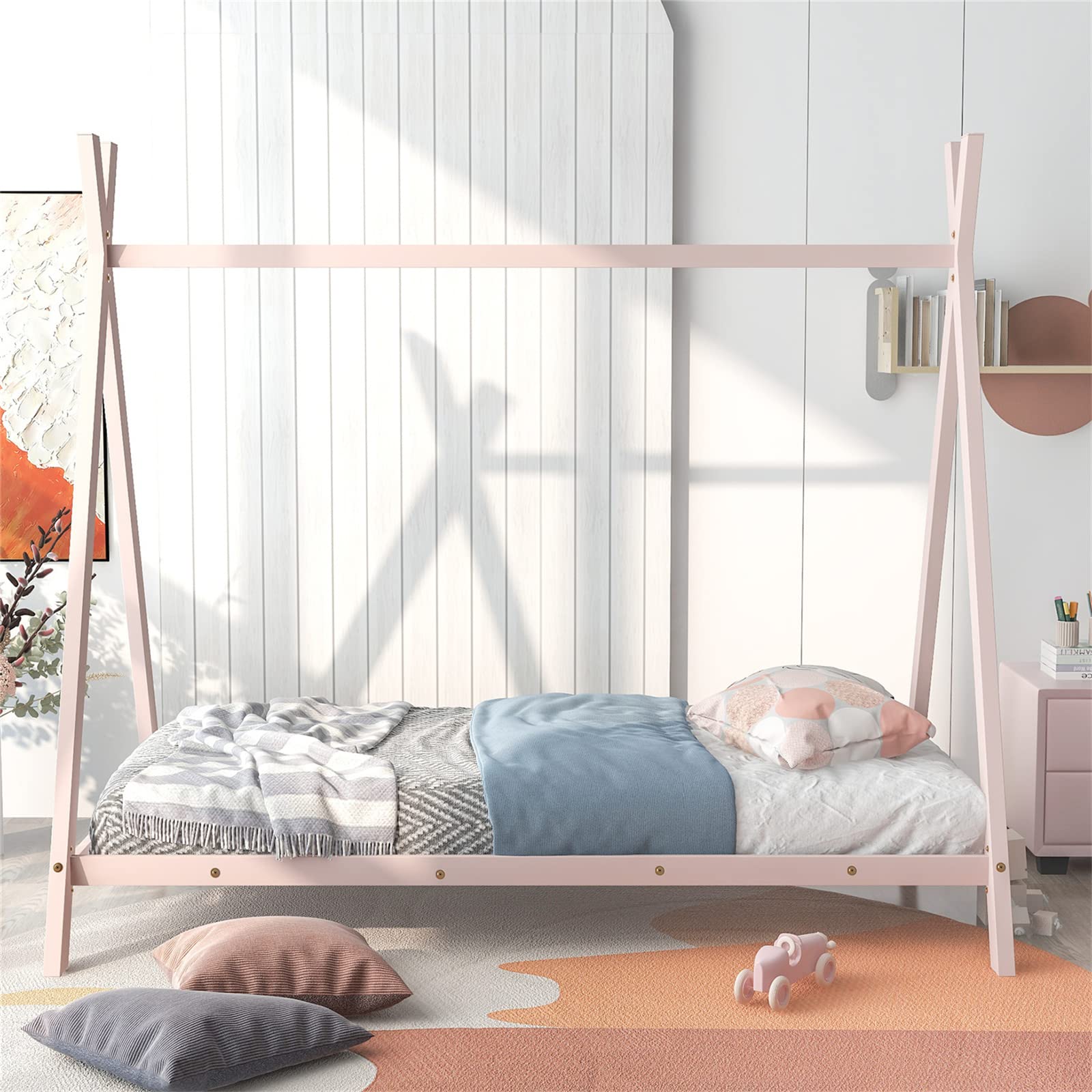 **Metal Twin Size Low Platform Bed Frame with Triangle Structure - Sturdy Slats Support, No Box Spring Needed - Pink Floor Play House Bed for Kids, Girls & Boys - Perfect for Bedrooms, Playrooms & Sleepovers**