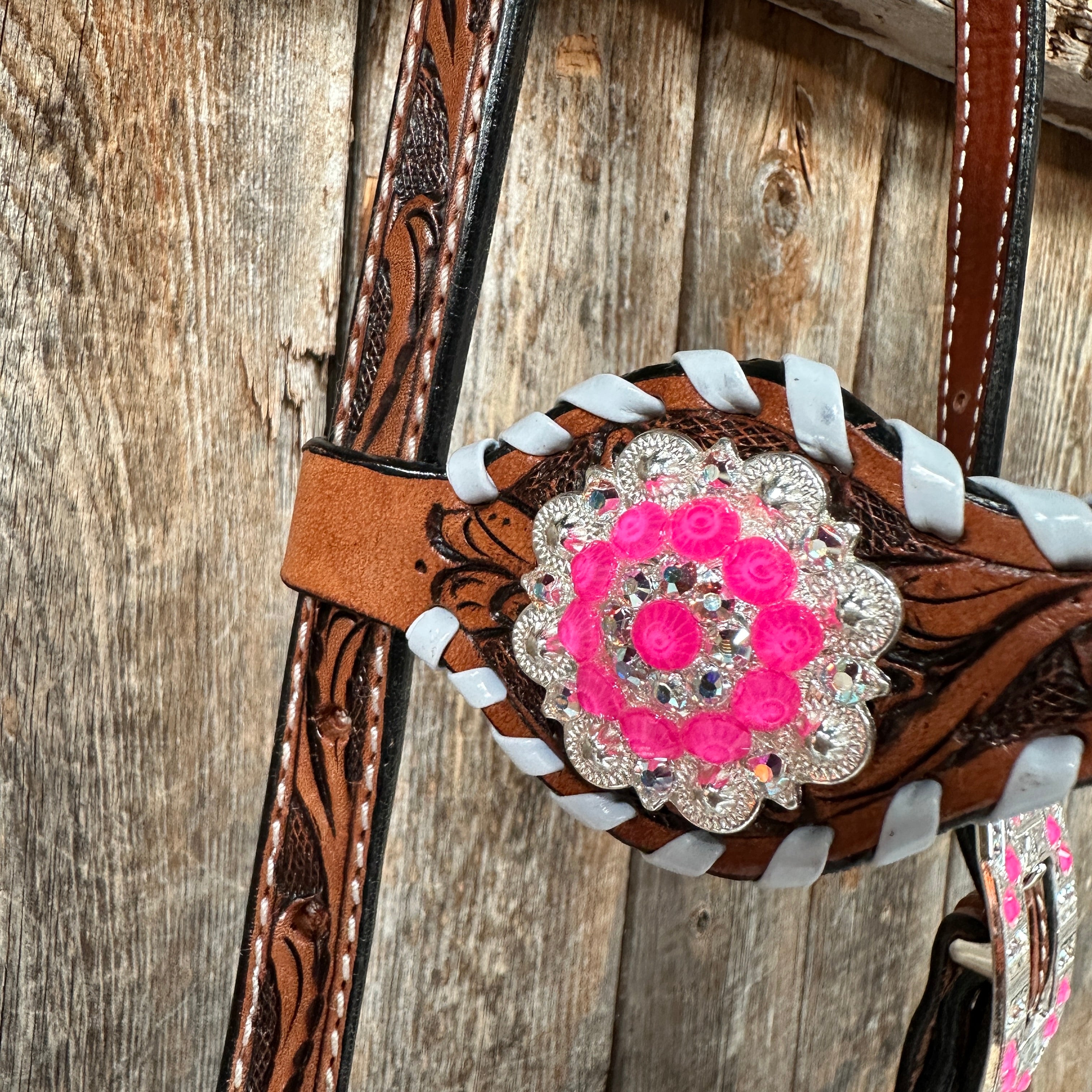 Light Oil Whipstitch Pink & Blue One Ear/Breastcollar Tack Set #OEBC575 - Premium Equestrian Gear for Western Riding & Horse Shows