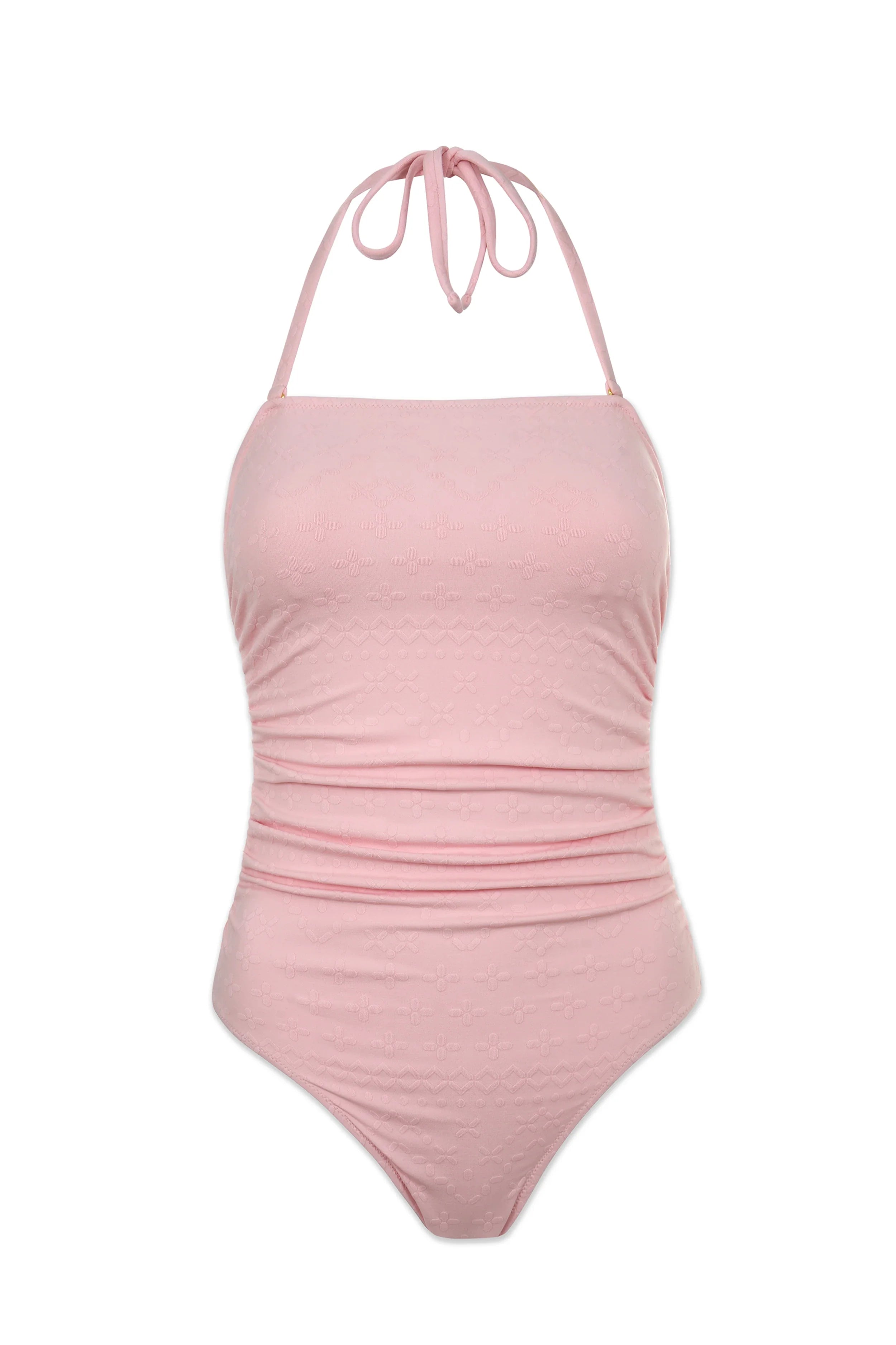 Classic Bandeau One Piece Swimsuit | Jacquard Textured Shell Pink Bathing Suit for Women - Perfect for Beach Vacations, Pool Parties & Summer Getaways