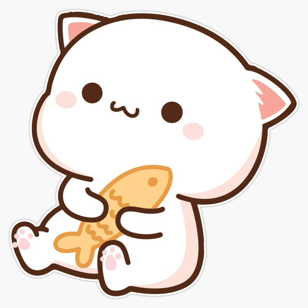 Leyland Designs Peach & Goma Mochi Cat Holding Fish Vinyl Sticker - Waterproof Decal for Windows, Cars, Laptops (5 Inch) - Perfect for DIY Crafts, Bumper Decor & Office Accessories