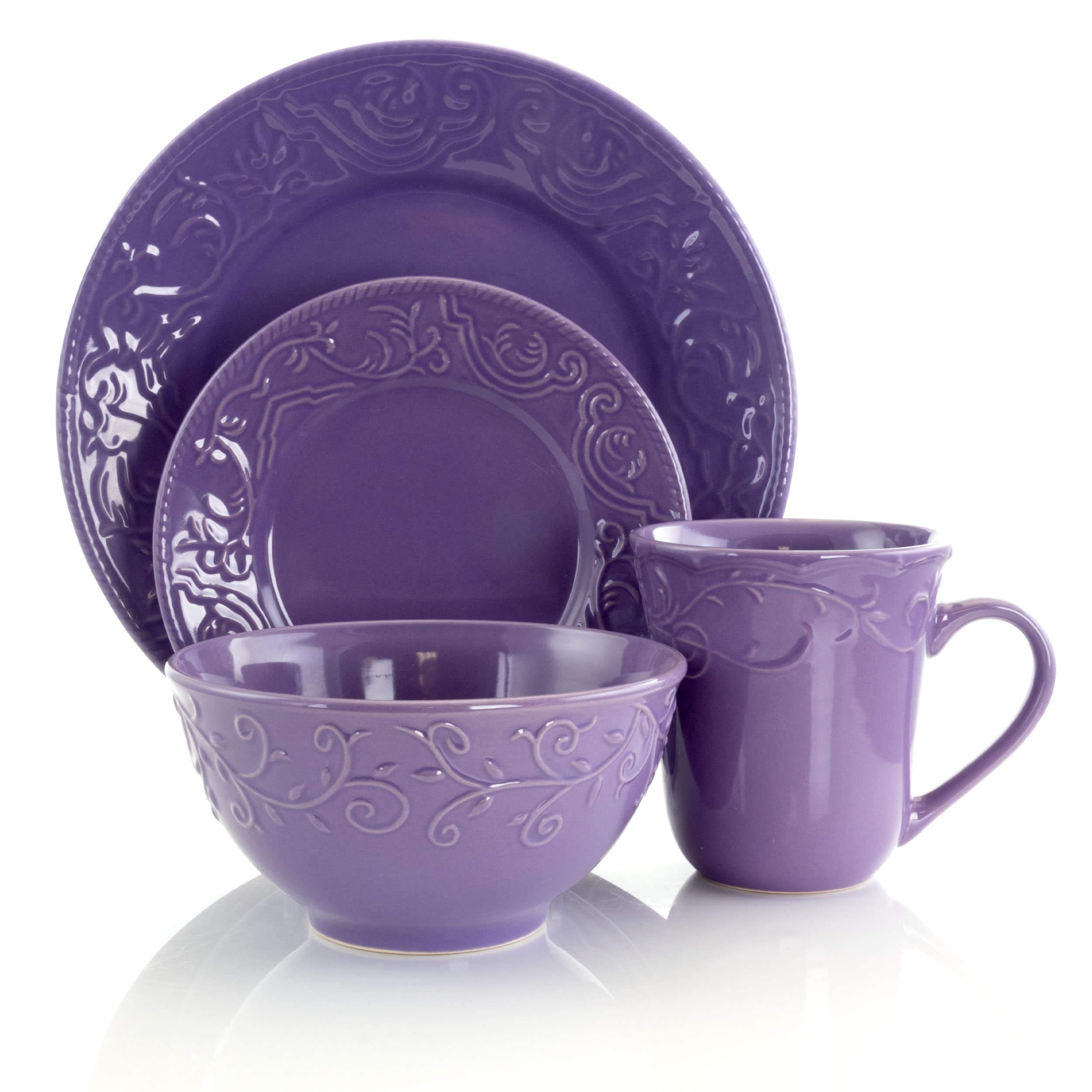 Lavender Field 16-Piece Stoneware Dinnerware Set - Purple Textured Casual Round Plates & Bowls, Microwave & Dishwasher Safe - Perfect for Family Dinners, Outdoor Picnics & Everyday Use
