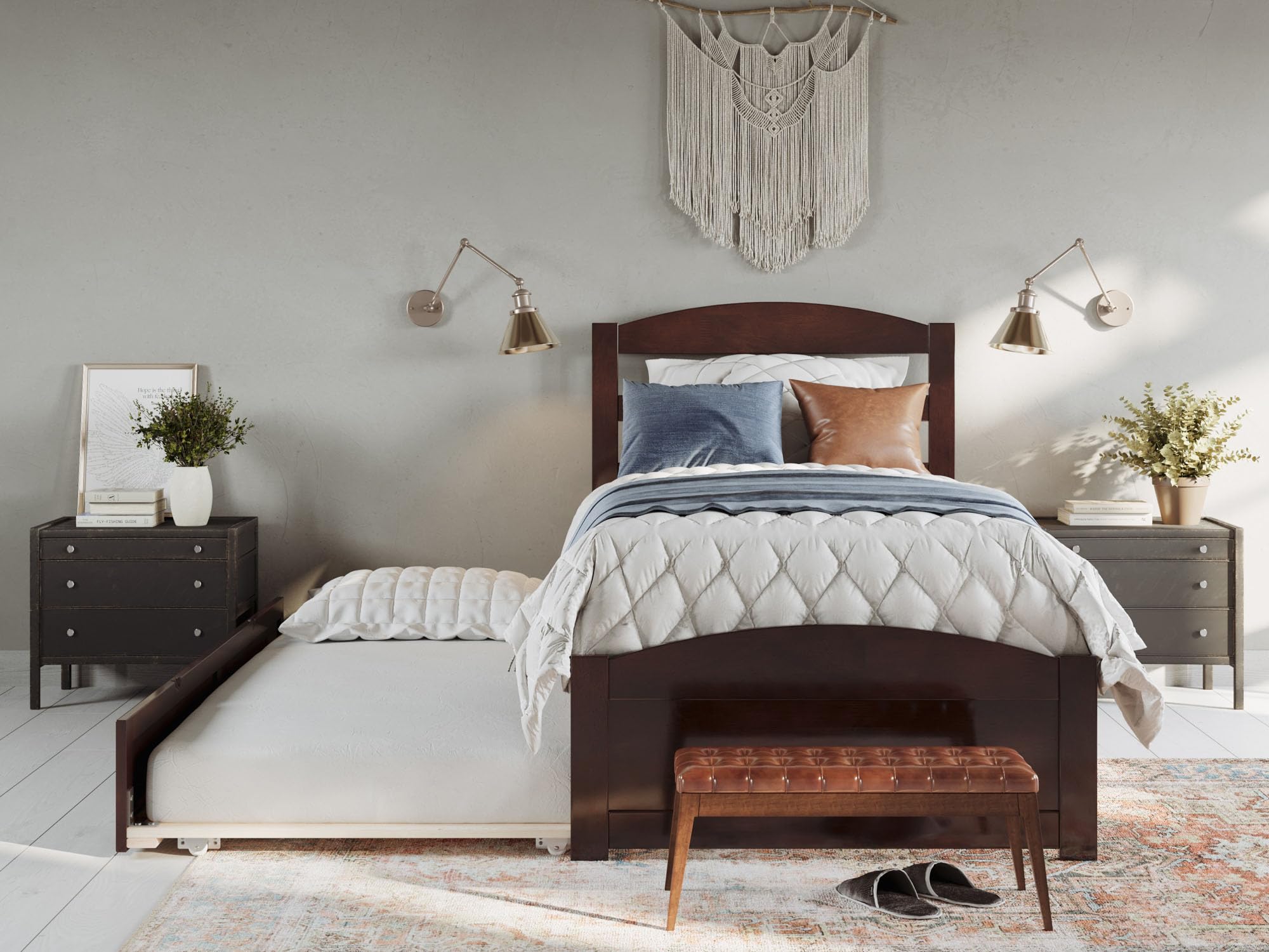 AFI Warren Twin XL Platform Bed with Footboard, Twin XL Trundle & USB Charging - Walnut Finish - Space-Saving Bedroom Solution for Small Rooms, Guest Rooms & Dorm Living