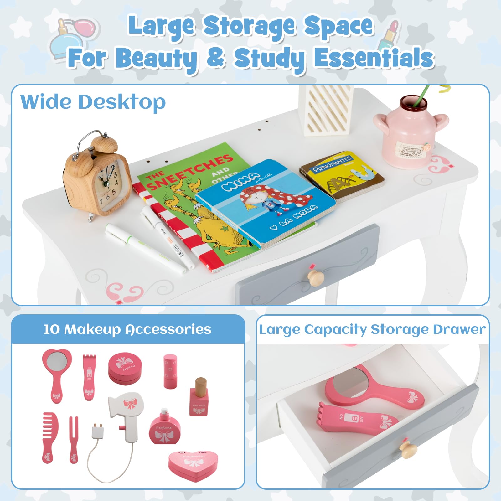 INFANS Kids Vanity Set - 2 in 1 Princess Makeup Table & Chair with Tri-Folding Mirror, 10 Accessories, Wooden Dressing Table for Toddler Girls | Pretend Play, Birthday Gift, Room Decor (White) - Perfect for Dress-Up Games, Role Play & Imaginative Play in Bedroom or Playroom