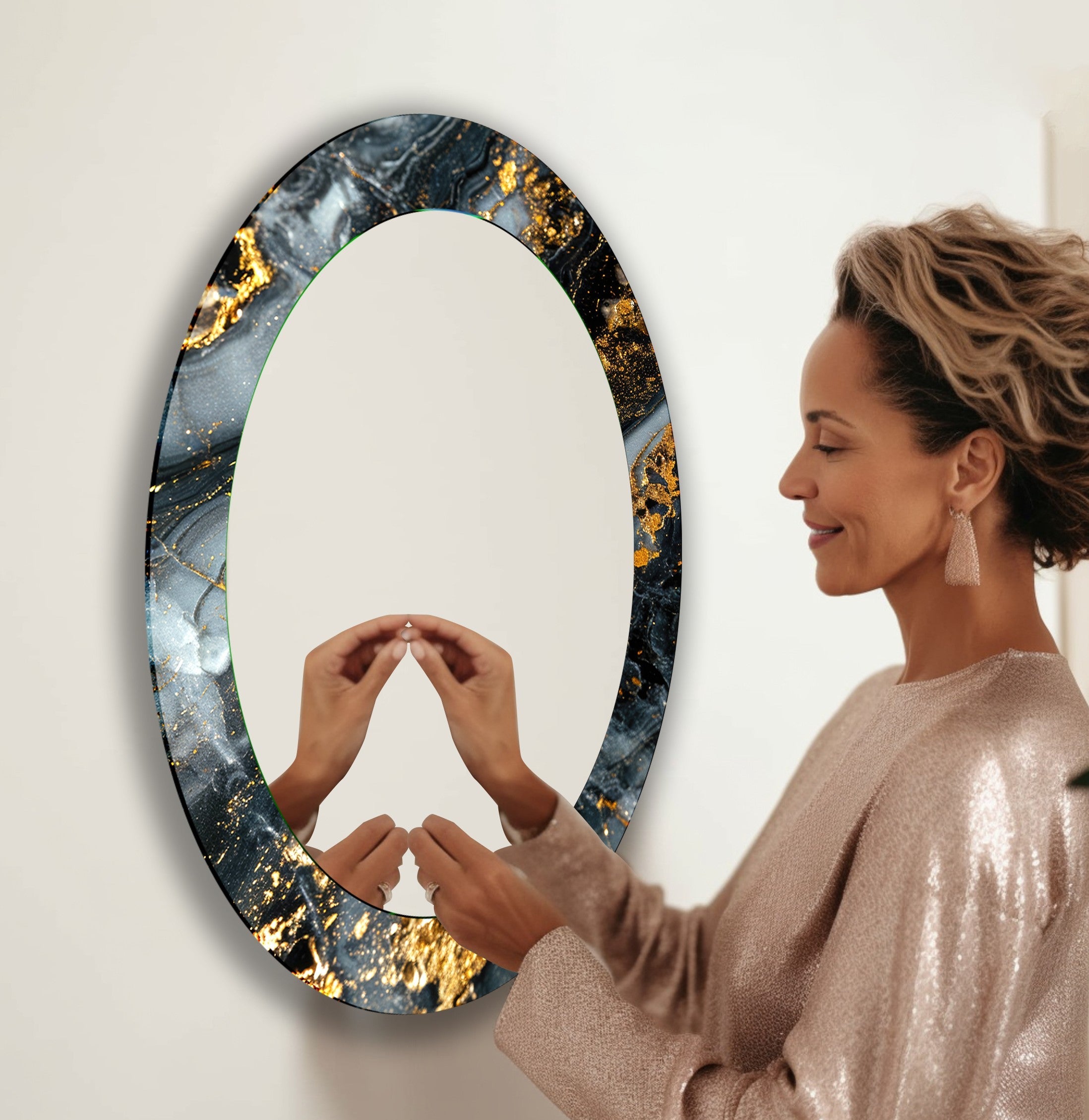 Elegant Black and Gold Abstract Oval Wall Mirror - Modern Home Decor for Living Room, Bedroom, or Entryway