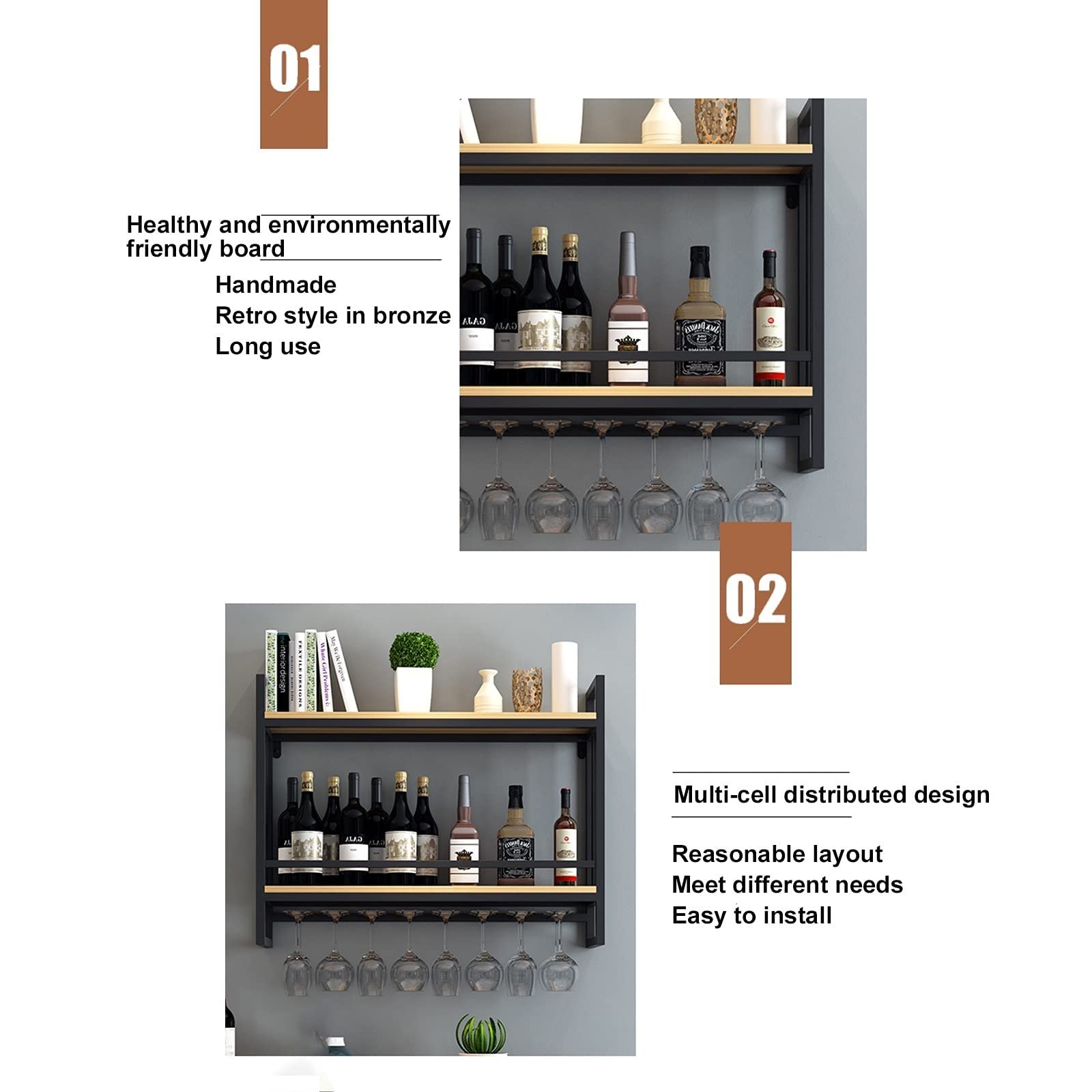 Premium Gold Wall-Mounted Wine Glass Rack - 2-Tier Floating Shelf for Wine Bottles & Glasses Storage | Ceiling Mounted Decorative Display for Kitchen, Bar, Dining Room | Multi-Purpose Hanging Organizer for Plants & Home Decor