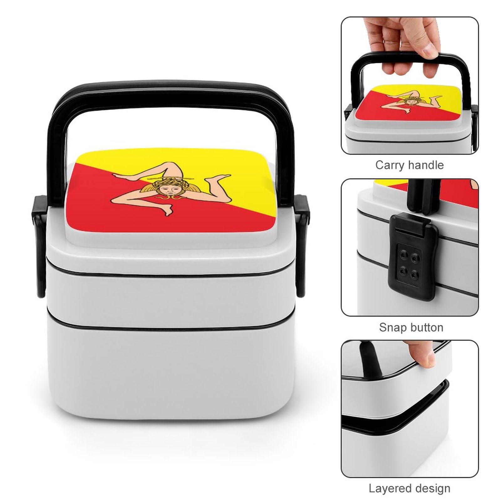 Sicily Flag Bento Box - Double Layer Stackable Lunch Box for Adults with Spoon - Leakproof Travel Food Container for Office, School & Picnic
