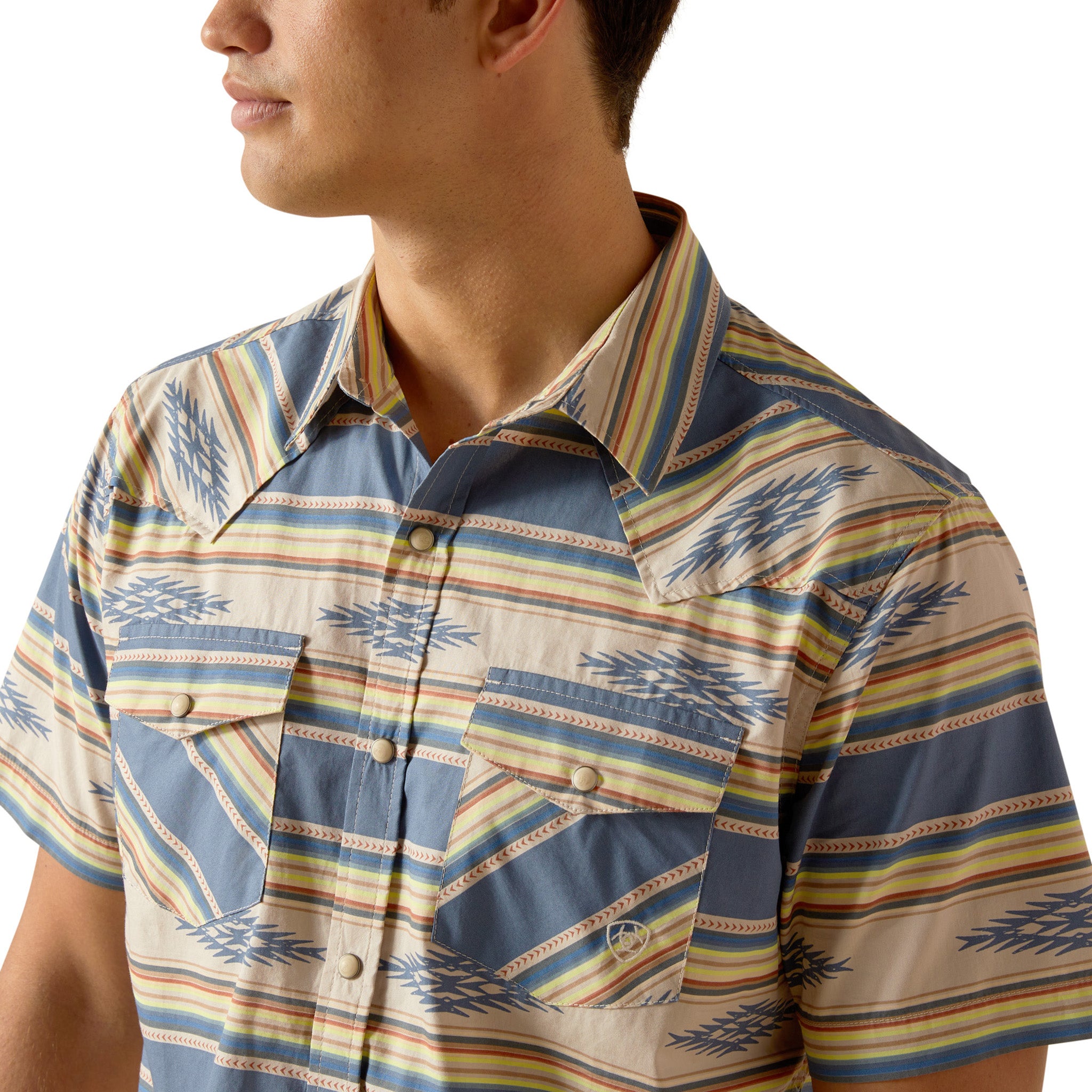 Ariat Men's Hebastian Short Sleeve Shirt - Sand & Blue Western Work Shirt for Ranch, Rodeo & Casual Wear