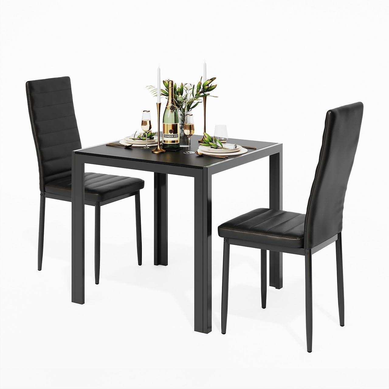 Gizoon 3-Piece Glass Dining Table Set with PU Leather Chairs, Modern Kitchen and Living Room Furniture for 2, Perfect for Small Spaces, Apartments, and Cozy Homes