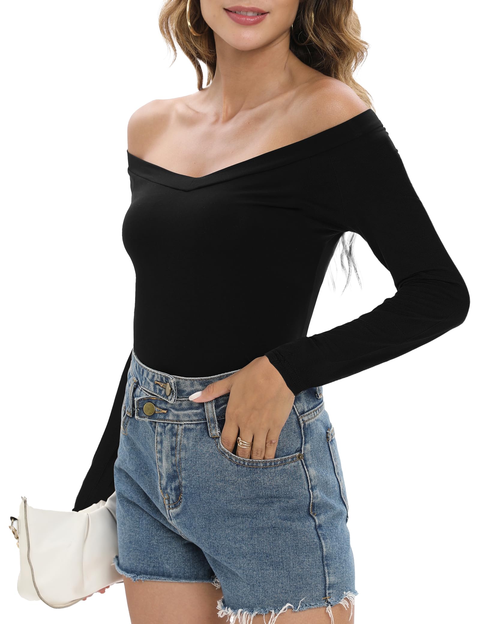 Sarin Mathews Women's Off Shoulder Tops - Sexy V Neck Slim Fit Blouses & Shirts for Casual Wear, Date Night & Summer Outfits