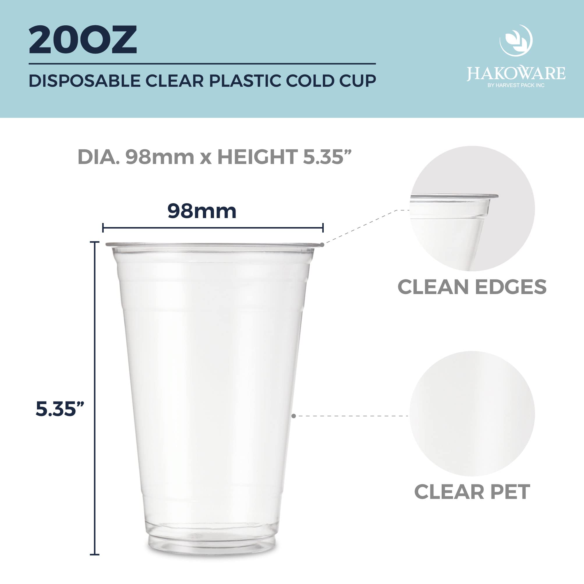 HAKOWARE by Harvest Pack 1000-Count 20oz Ultra Clear Disposable Plastic Cups - Perfect for Weddings, Parties, Cocktails, Iced Coffee & Cold Beverages - Ideal for Home Entertaining, Cafes, and Restaurants