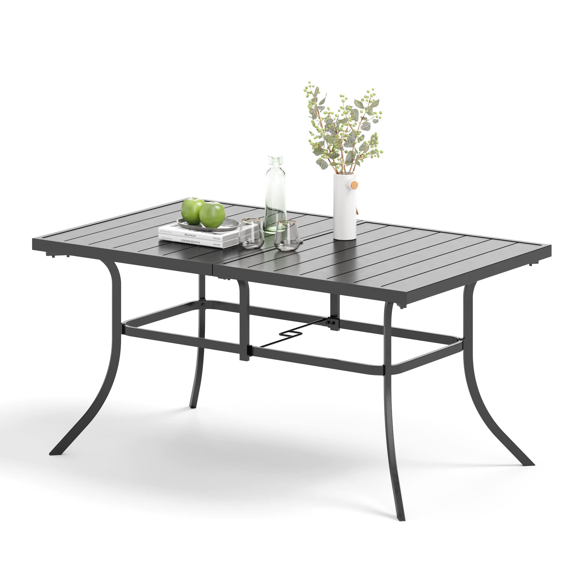 6-Person Outdoor Patio Dining Table - Metal Steel Slat Rectangle Table with Umbrella Hole for Garden, Backyard, Porch & Poolside | Durable Weather-Resistant Design for Al Fresco Meals & Entertaining