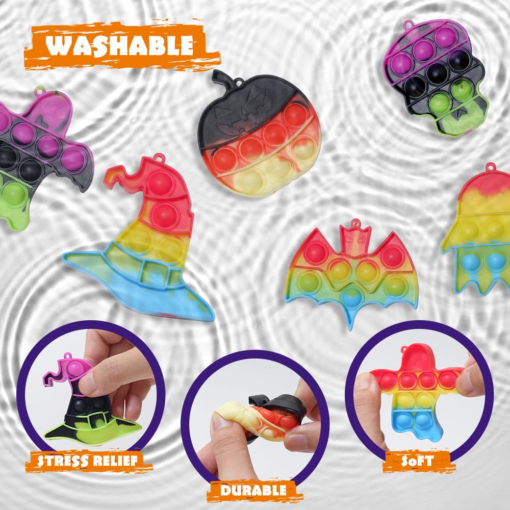 Halloween Party Favors for Kids - 24 Pack Mini Pop Bubble Fidget Toys with Keychain, Bulk Halloween Sensory Toys for Stress Relief - Perfect for Classroom, School, and Party Giveaways