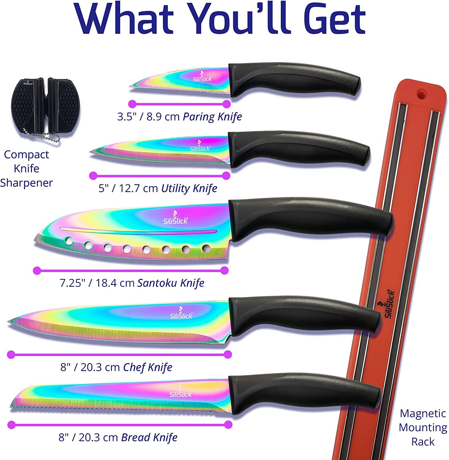 5-Piece Colorful Kitchen Knife Set with Knife Sharpener & Magnetic Wall Bar - Titanium Non-Stick Coated Stainless Steel - Dishwasher Safe - Perfect for Home Cooking, Gift & Professional Chefs