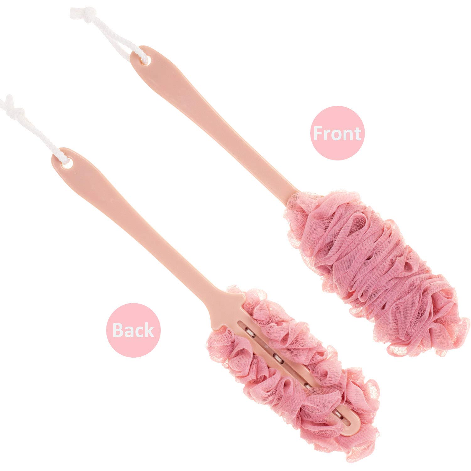 Long Handle Back Scrubber for Shower - Soft Exfoliating Loofah Bath Brush with Nylon Mesh (2-Pack, Pink) - Ideal for Elderly Care & Full Body Cleaning - Perfect Gift for Men & Women