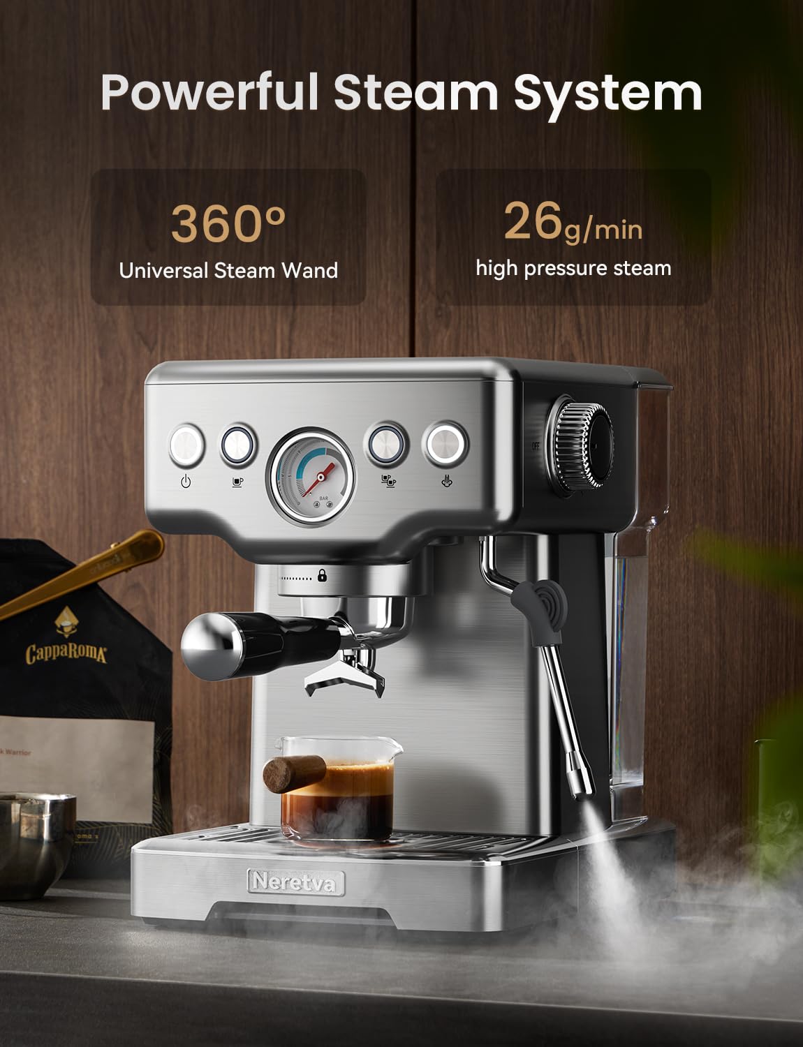 Neretva 2-in-1 Stainless Steel Espresso and Coffee Maker Combo - 1450W 15 Bar Pressure for Espresso, Latte, Macchiato & Cappuccino - Professional Barista Quality for Home Use (Silver) | Perfect for Morning Brews, Entertaining Guests & Coffee Shop Experience at Home
