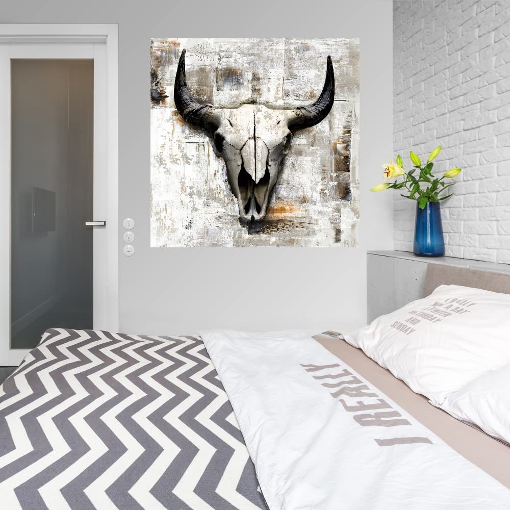 Fine Art Canvas White Cowskull Wall Decor by Artist Incado - 22x22 Inches Ready to Hang - Modern Western Home Decor for Living Room, Bedroom, Office & More - Perfect for Southwestern & Ranch Style Interiors
