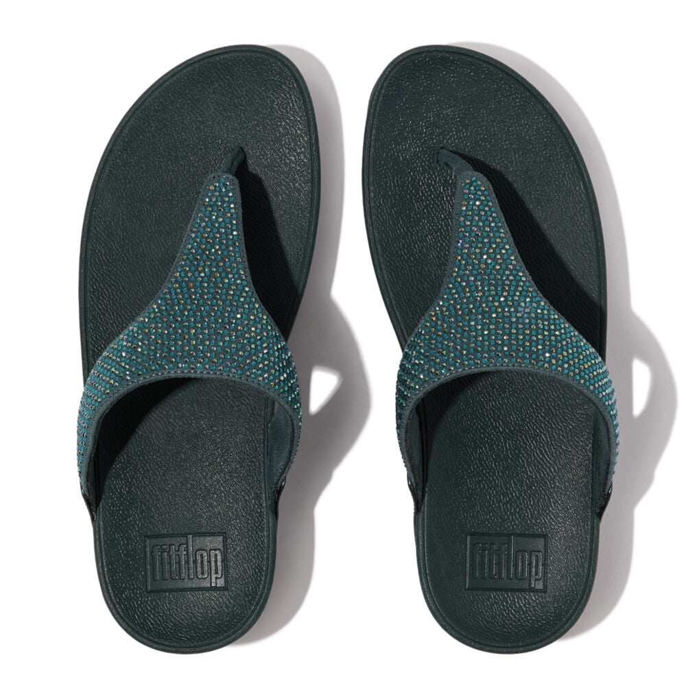 FitFlop Lulu Crystal Embellished Sandals for Women - Stylish Steel Blue Summer Flip Flops with Rhinestone Decor | Perfect for Beach, Pool, and Casual Outings