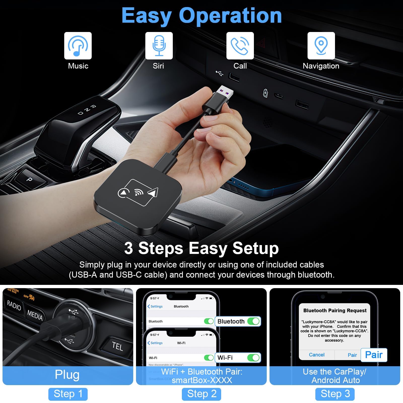 2024 Upgraded Wireless Android Auto & CarPlay Adapter - Convert OEM Wired to Wireless Connection with USB-C/USB-A Cables (Black) | Seamless Smartphone Integration for Safer Driving & Hands-Free Navigation