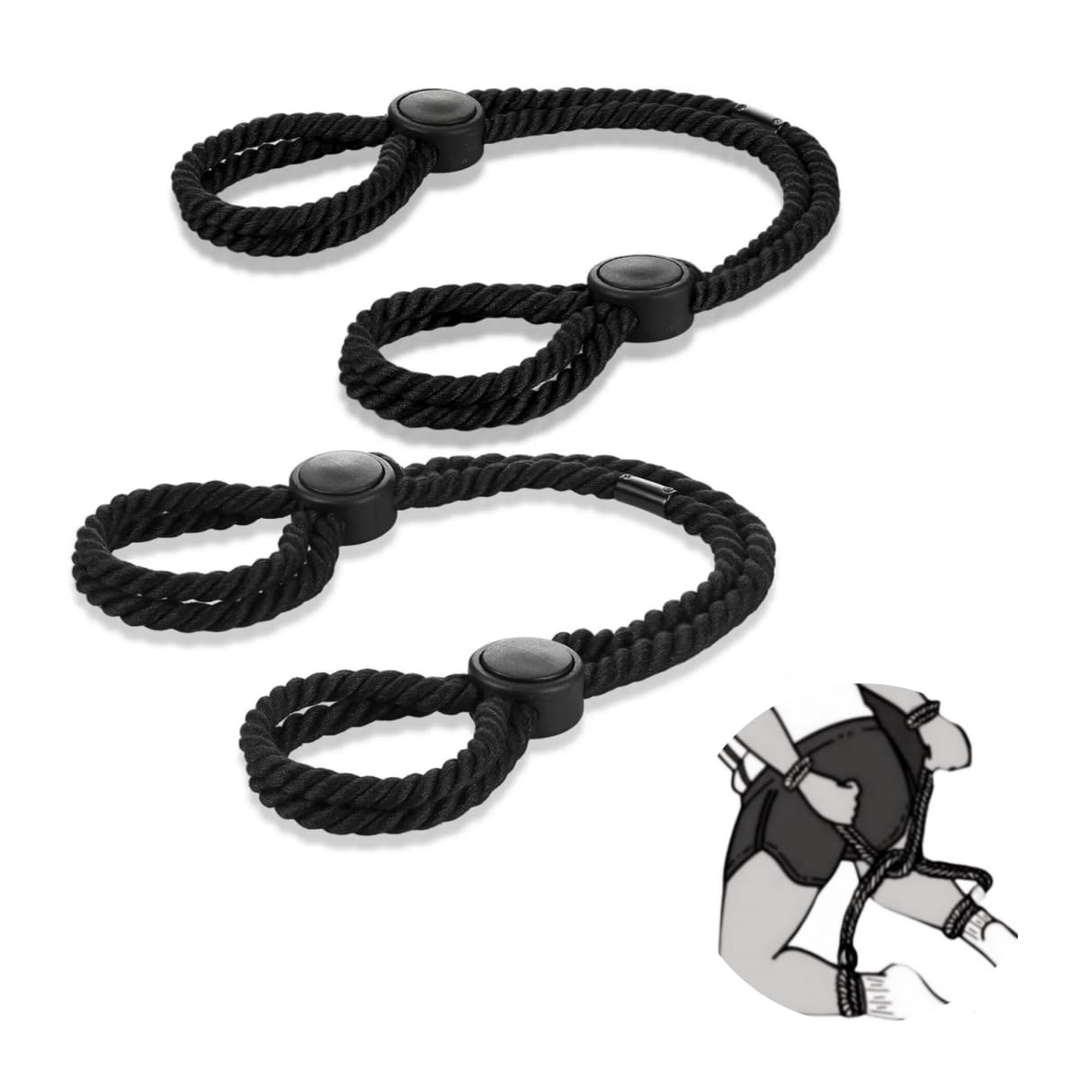 Adjustable Cotton Rope Handcuffs & Ankle Cuffs Set - 2 Pcs Soft BDSM Bondage Restraints for Beginners, Wrist & Ankle Cuffs for Adults, Fetish & SM Games - Perfect for Couples Play & Sensual Exploration (Black)