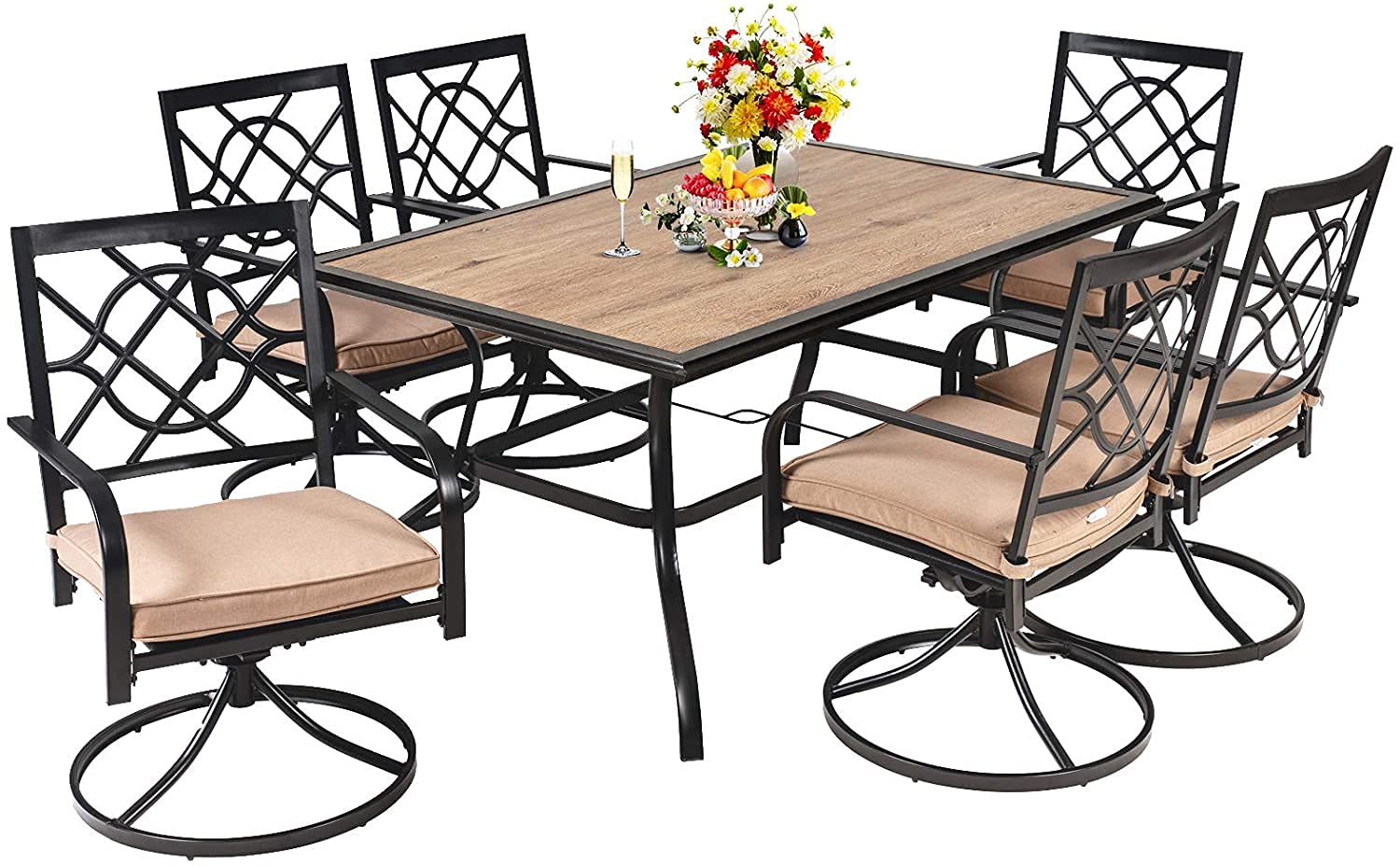 Omelaza 7-Piece Outdoor Dining Set - 6 Metal Swivel Chairs & 60x37 Inch Rectangle Bistro Table with Umbrella Hole - Weather-Resistant Wood-Like Finish - Perfect for Backyard, Patio, Garden, or Poolside Entertaining