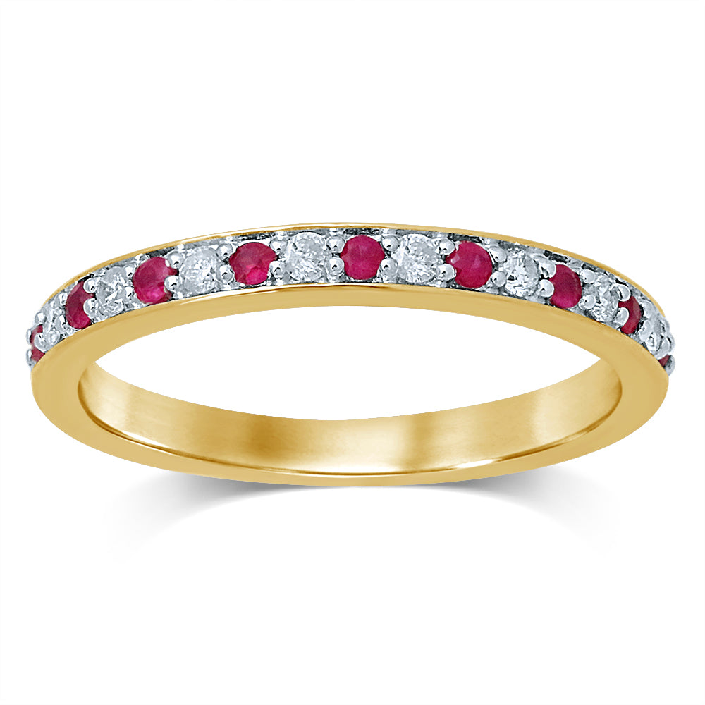 14K Yellow Gold Ruby and Diamond Half Eternity Ring for Women - Elegant Wedding Band, Anniversary Gift, Valentine's Day Jewelry - Perfect for Bridal, Engagement & Special Occasions