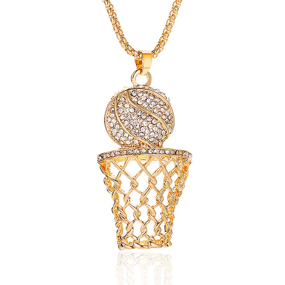 14K Gold Basketball Pendant Necklace - Hip Hop Rhinestone Basketball Hoop Chain for Men & Women | Sports Jewelry Gift for Basketball Lovers, Players & Fans | Perfect for Games, Parties & Streetwear Fashion