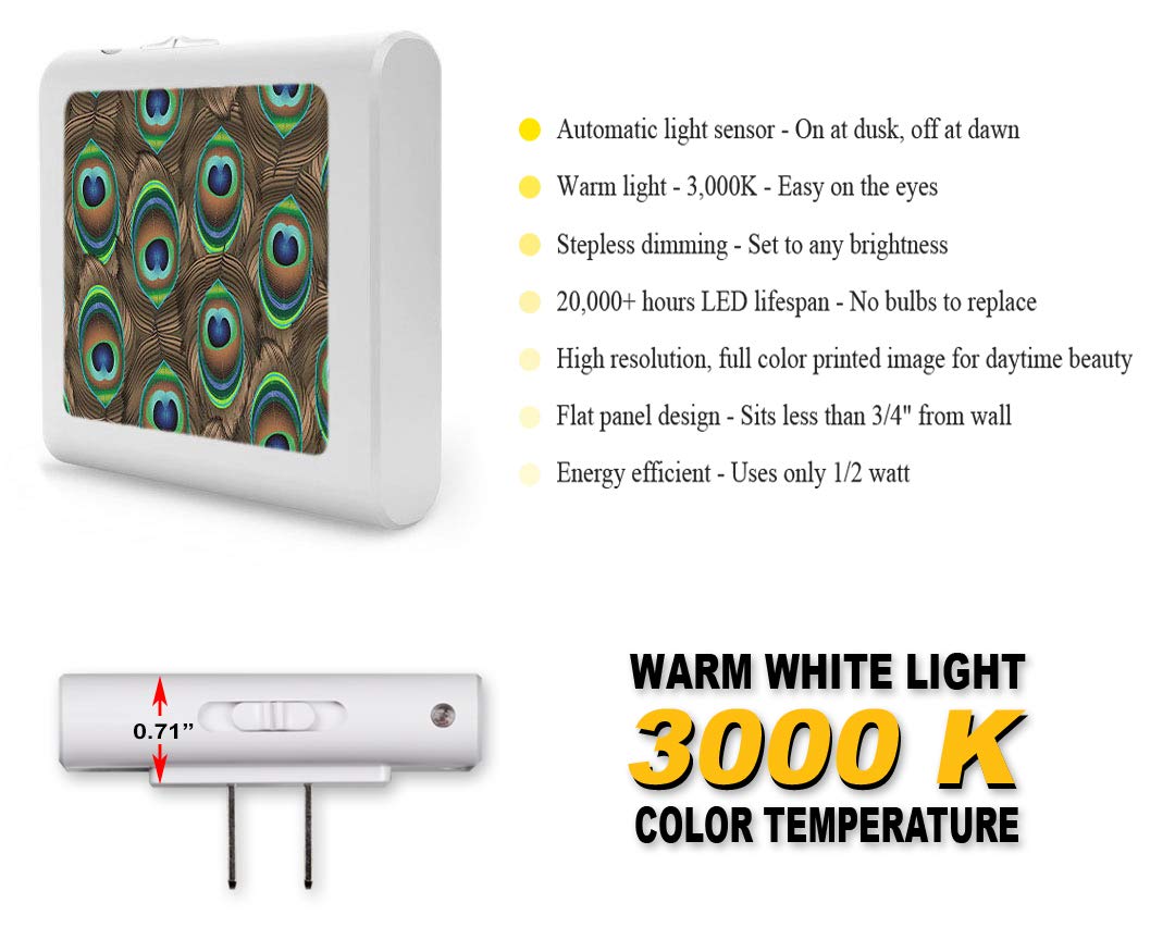 Dimmable LED Night Light with Auto On/Off Sensor - Adjustable Brightness Warm White for Bathroom, Hallway, Nursery & Bedroom - Peacock Feathers Design by Dan Morris - Perfect for Nighttime Safety and Comfort