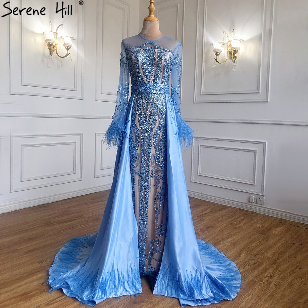 Elegant Muslim Blue Detachable Skirt Evening Gown with Feathers & Beading - Luxury Mermaid Dress for Women 2025 | Perfect for Weddings, Galas & Formal Parties - LA60932A