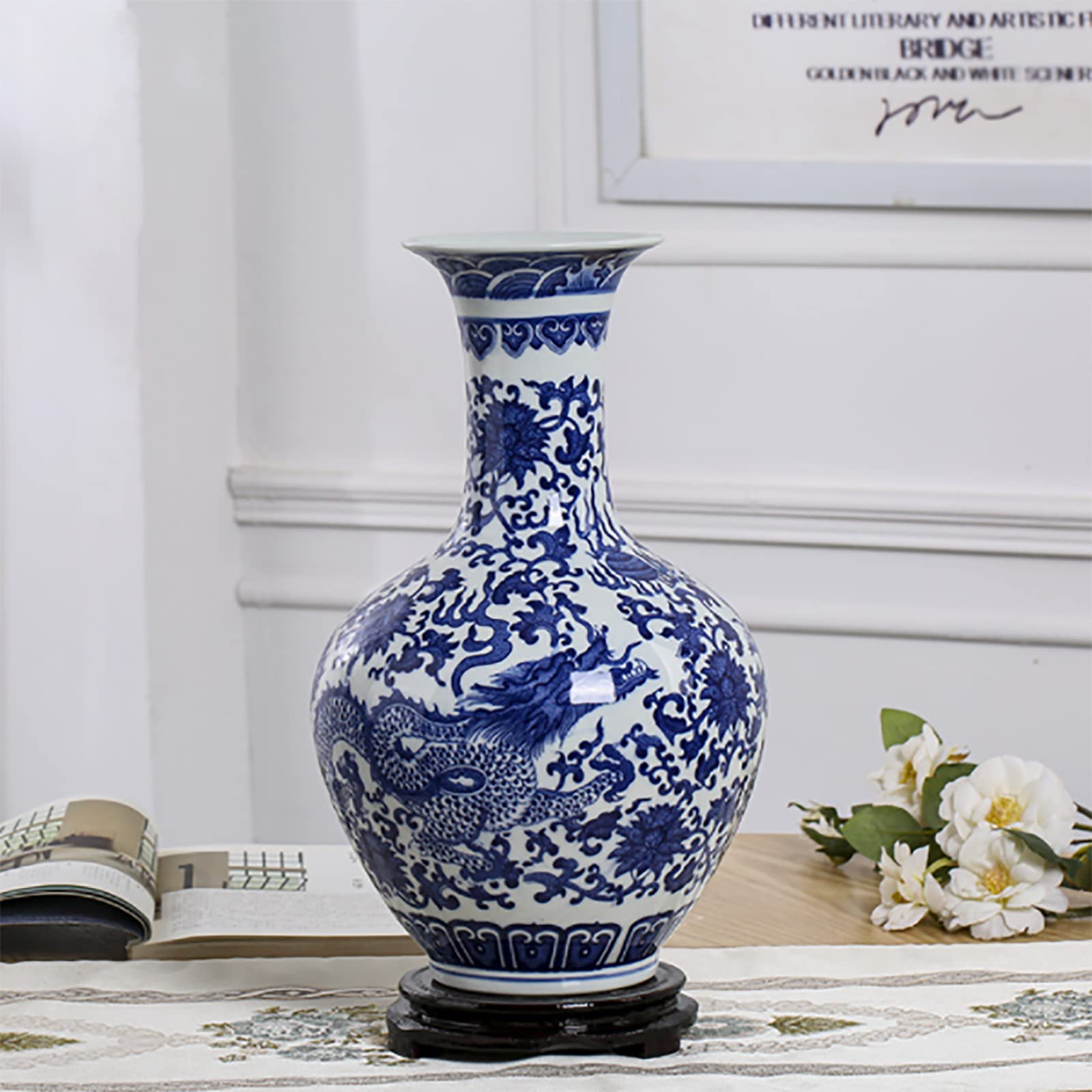 Blue and White Porcelain Plum Blossom Ginger Jar with Lid - Handcrafted Ceramic Vase for Home Decor, Table Centerpiece, Floral Arrangement | Perfect for Living Room, Dining Table & Wedding Decor