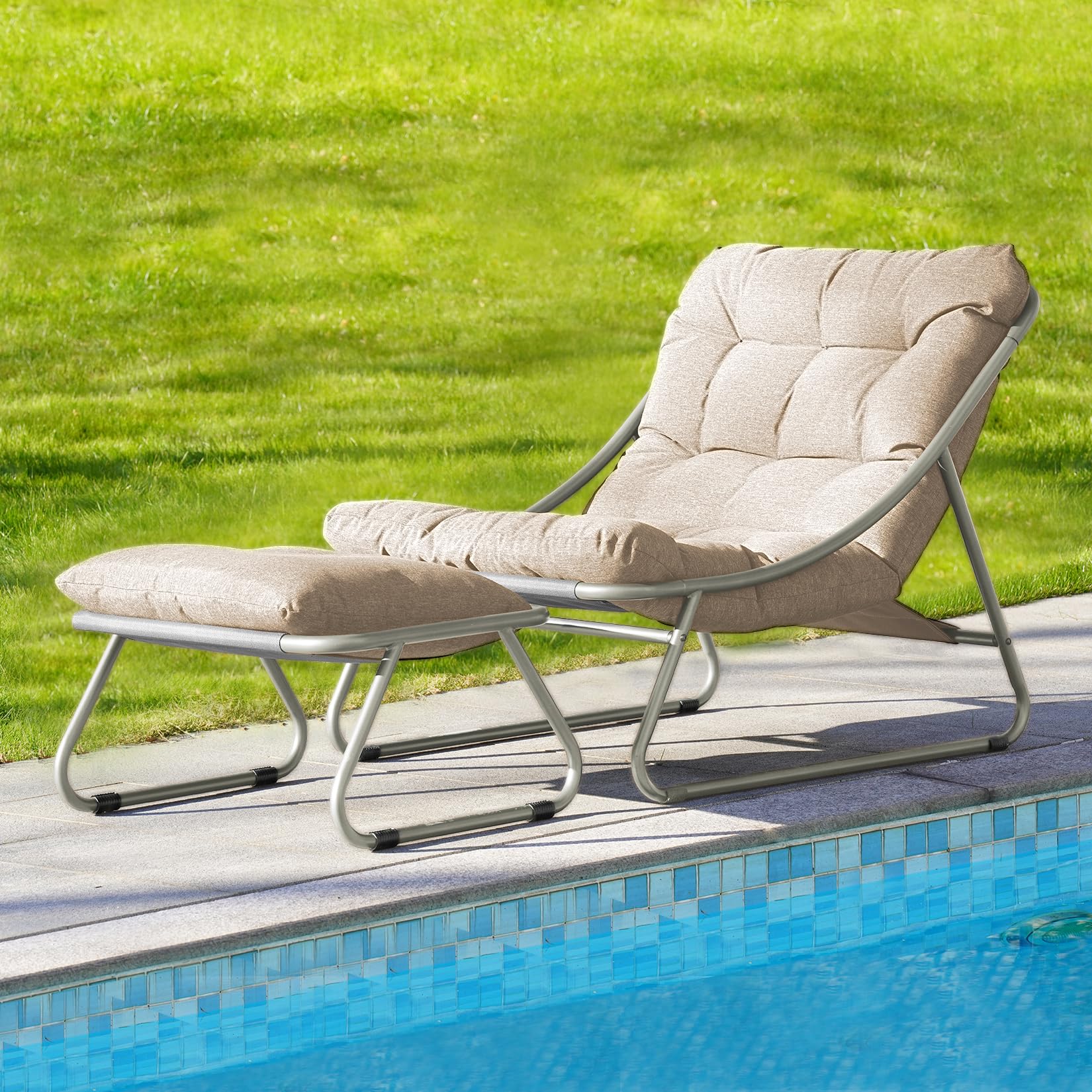 Premium Outdoor Lounge Chair Set with Foot Stool - Comfortable Sling Recliner with Plush Cushion & Adjustable Footrest - Modern Patio Furniture for Porch, Deck, Garden, Poolside - Champagne Gray - Perfect for Relaxing, Sunbathing & Outdoor Entertaining
