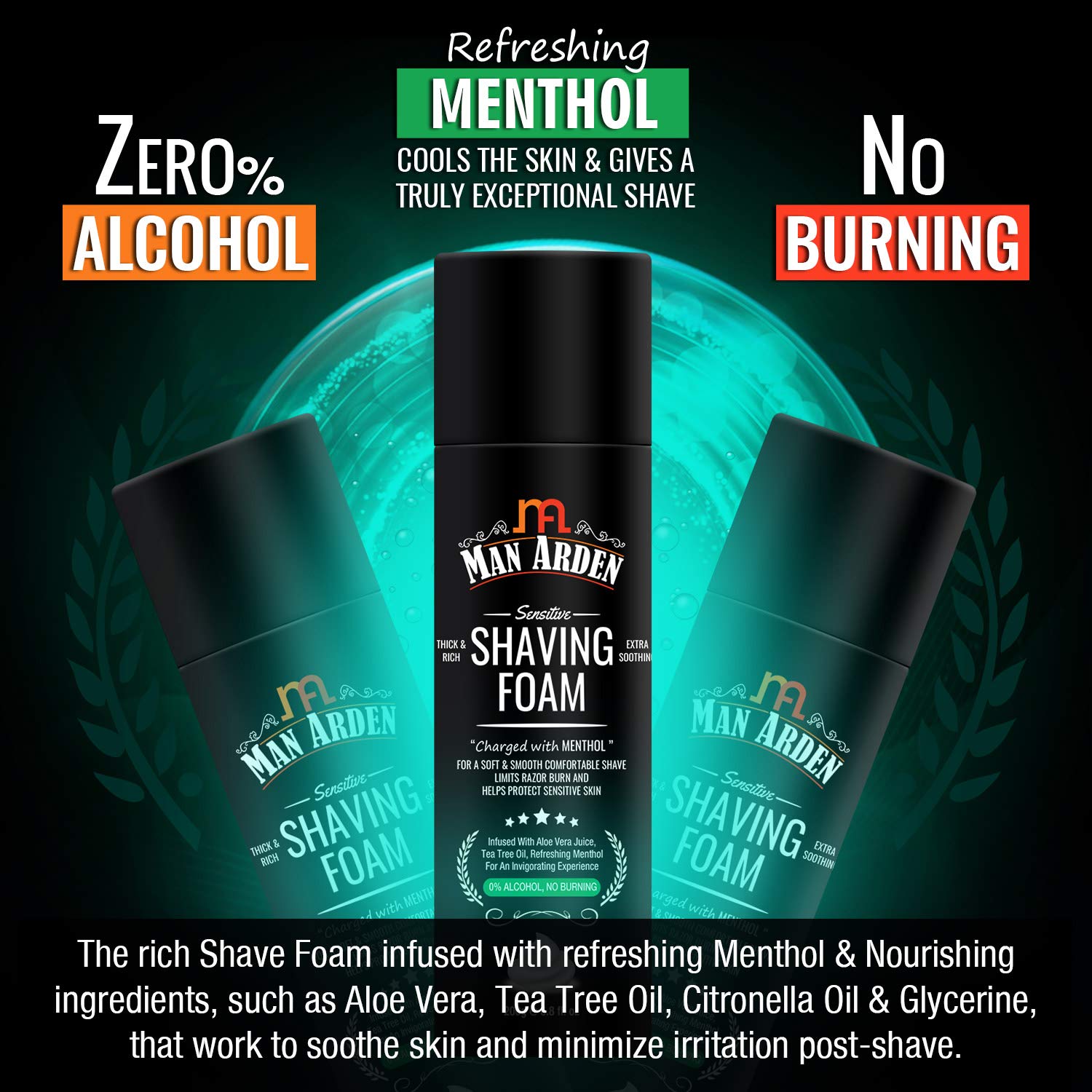 Man Arden Sensitive Skin Shaving Foam with Menthol, Aloe Vera & Tea Tree Extract - 200g for Men - Soothing & Cooling Shave for Irritated Skin - Perfect for Daily Grooming & Post-Shave Care