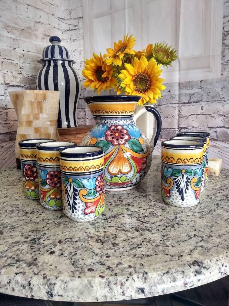Hand-Painted Majolica Ceramic Talavera Pitcher Set with 6 Tumblers - Traditional Mexican Style Pitcher and Mug Gift Set for Margaritas, Lemonade & Iced Tea - Perfect for Parties, Home Decor & Kitchen Use