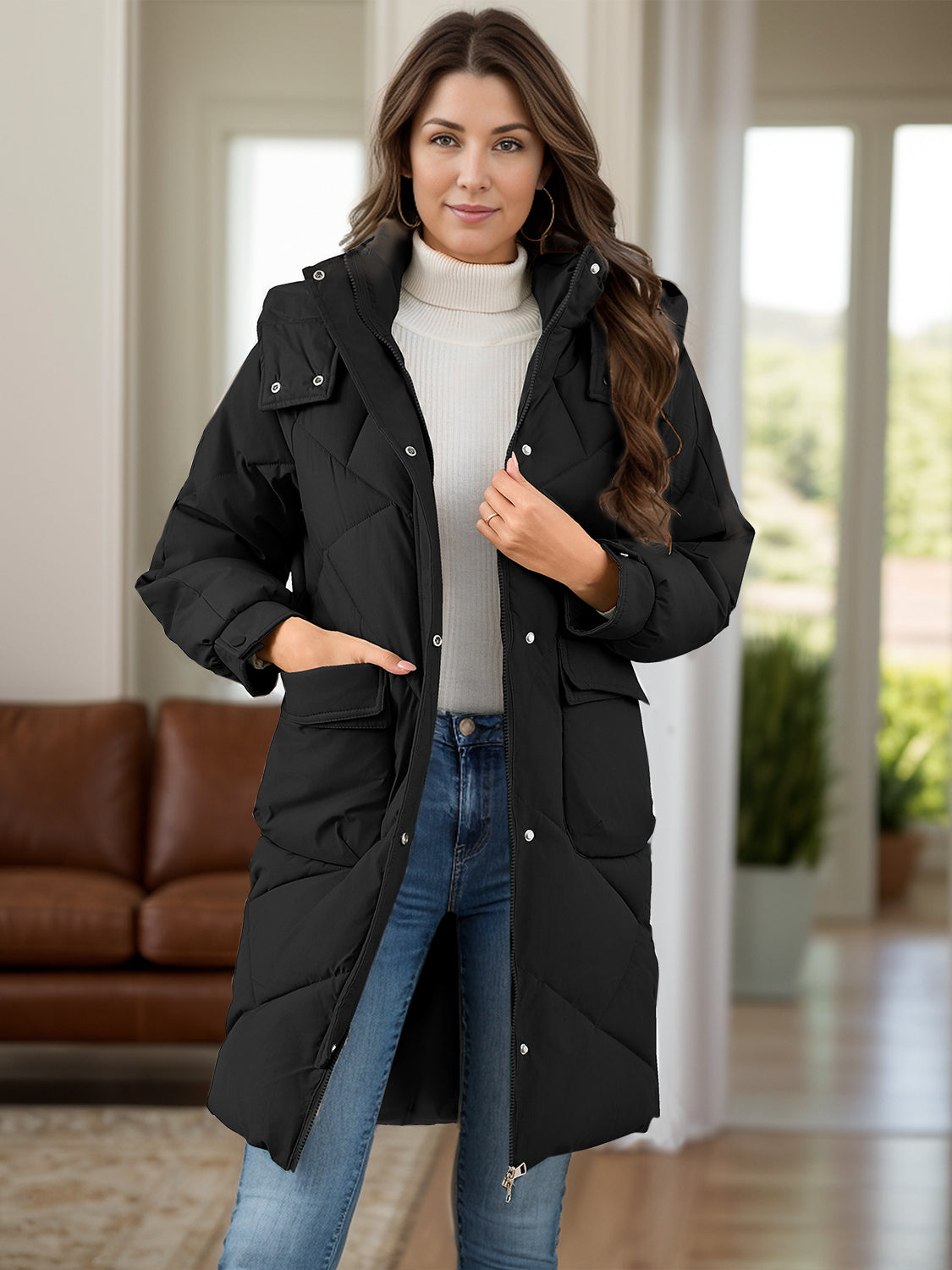 Men's Long Sleeve Longline Hooded Winter Coat with Pockets - Warm Fleece Lined Jacket for Cold Weather Outdoor Activities