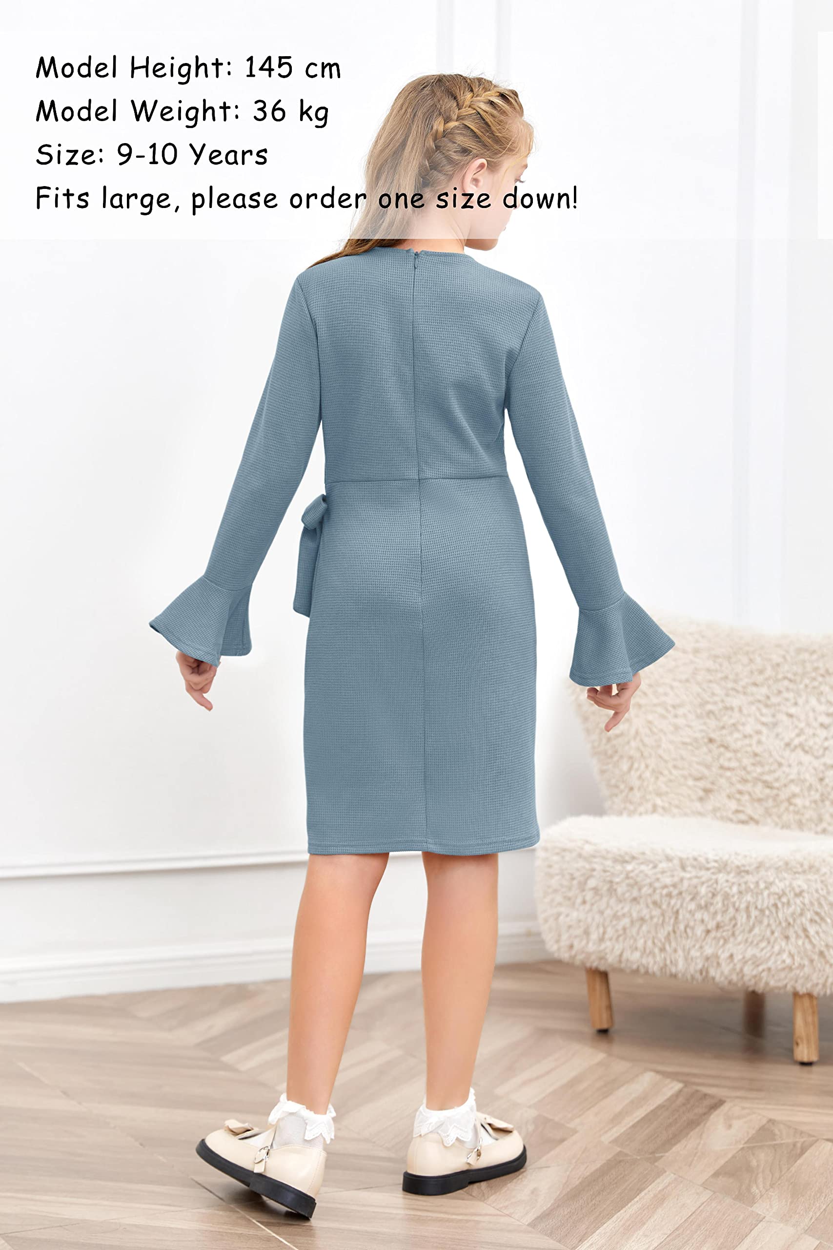 Girl's Midi Dress - Solid Color Waffle Knit Flared Long Sleeve Belted Dress for Kids | Casual School Wear, Holiday Outfits & Family Photos
