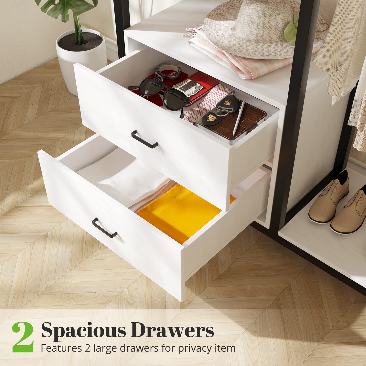 HOKEEPER 650lbs Heavy Duty Metal Wardrobe - Freestanding Closet Organizer with Drawers & Shelves for Bedroom Storage