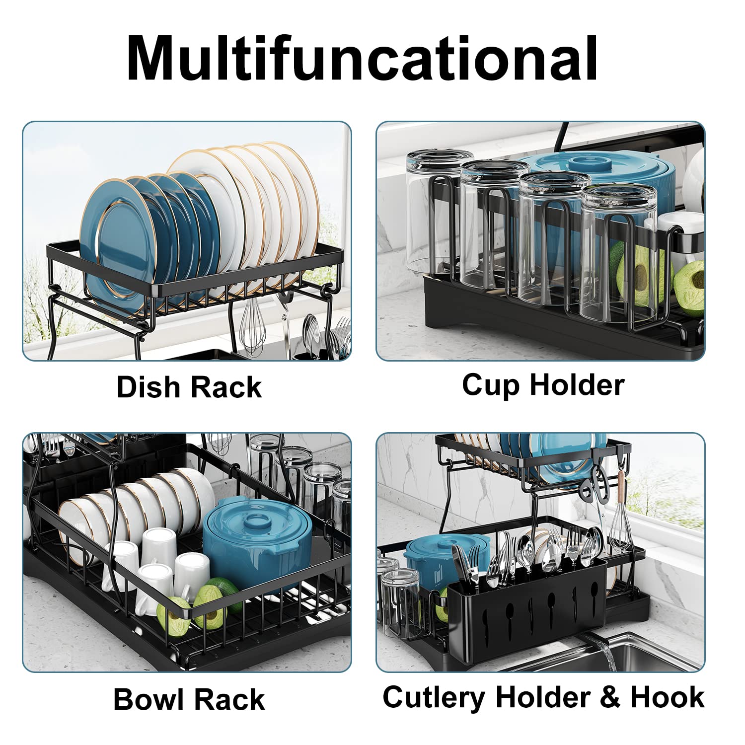2-Tier Stainless Steel Dish Drying Rack with Drainboard & Utensil Holders - Large Space-Saving Kitchen Counter Organizer for Plates, Cups & Cutlery - Perfect for Small Kitchens, Apartments & RV Use