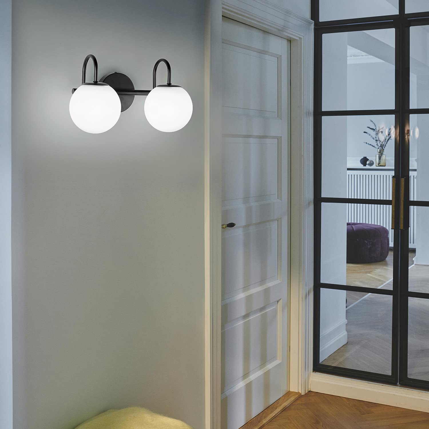 Mid Century Modern Vanity Lights for Bathroom - Black Metal Frame with Milk White Frosted Glass Globe - 2 Light Wall Sconce (7.09