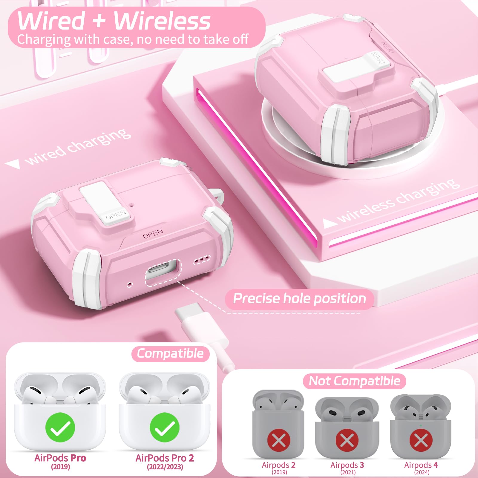 MagSafe AirPods Pro 2 Case with Stand & Cleaner - Pink | Auto-Open for 1st/2nd Gen | Travel & Daily Use
