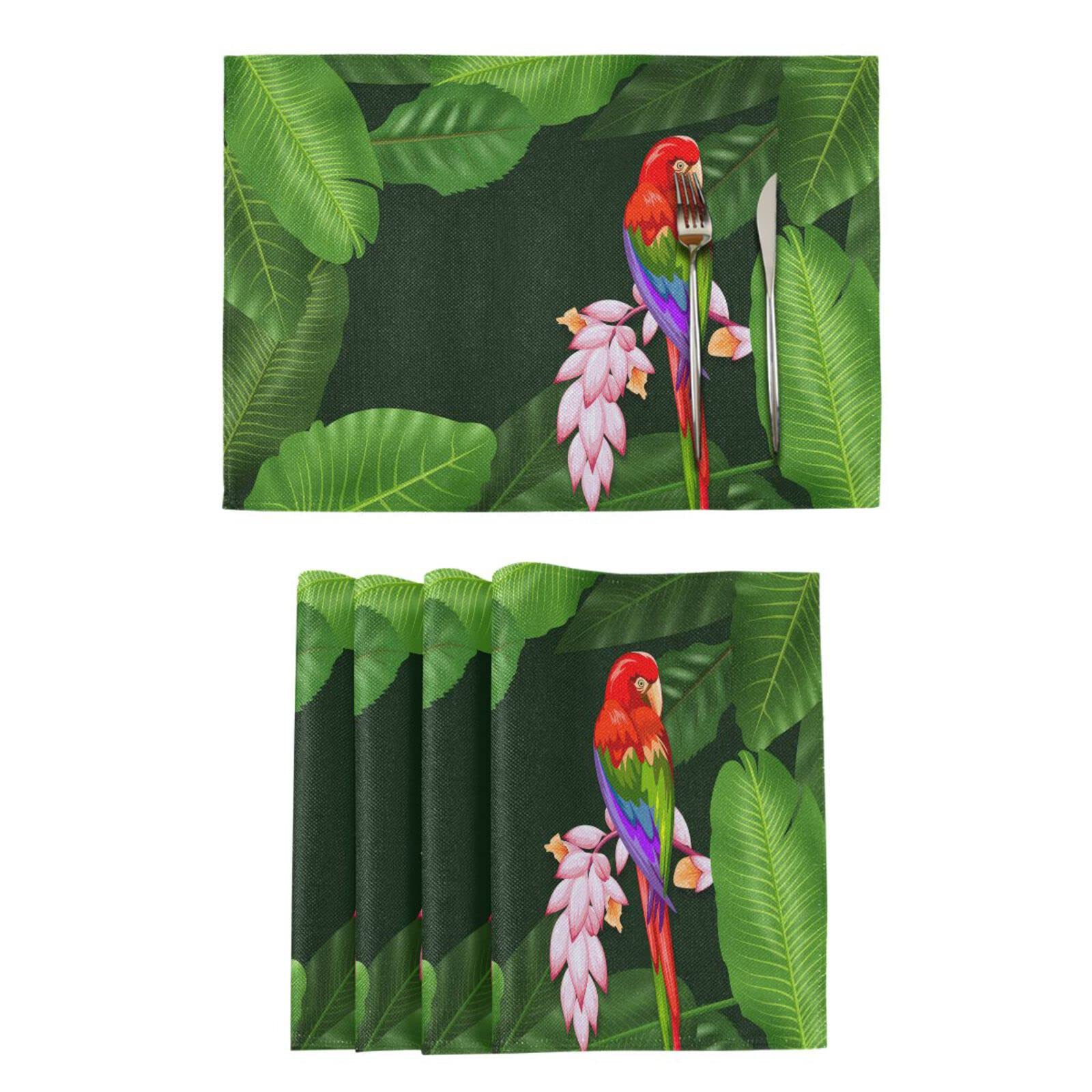 Tropical Palm Leaf Parrot Placemats Set of 4 - Washable & Heat Resistant 12x18 Inch Kitchen Table Mats for Dining Decor | Perfect for Summer Parties, Outdoor Picnics & Boho Home Decor