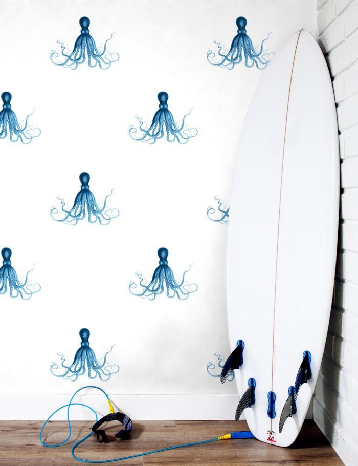 George The Octopus Blue Wallpaper by Wallshoppe - Premium Peel & Stick Removable Wallpaper for Kids Room, Nursery, or Playroom Decor