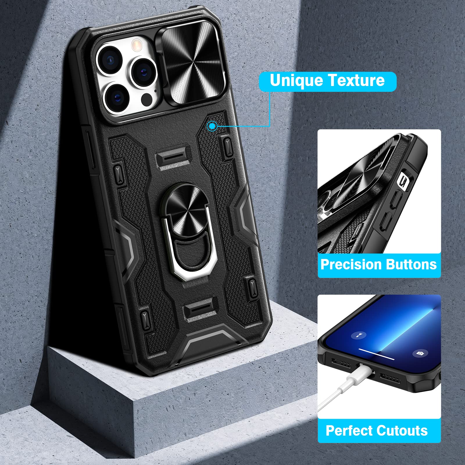 VEGO Armor Heavy Duty Military Grade Protective Case for iPhone 13 Pro Max & iPhone 12 Pro Max - Shockproof Stand, Slide Camera Cover, Rugged Holster & Magnetic Car Mount Holder - Charcoal Black - Perfect for Outdoor Adventures, Construction Work & Daily Protection