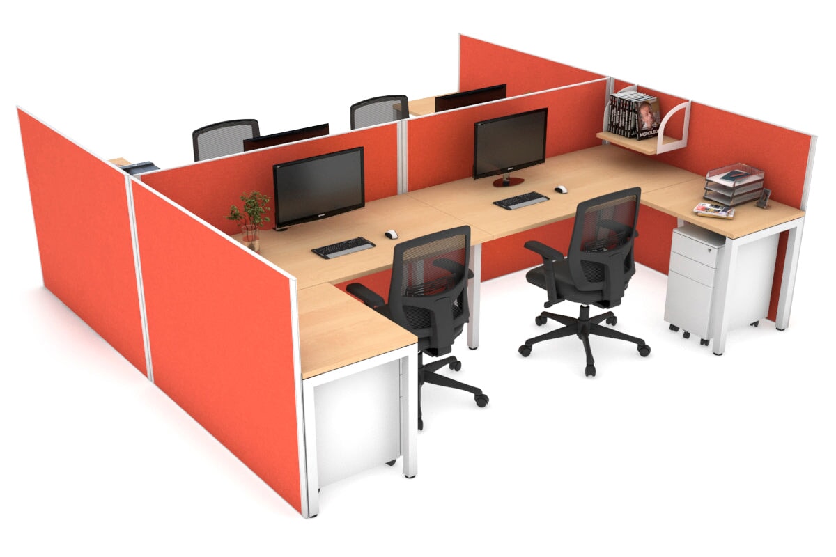 Quadro Square Legs 4-Person Corner Workstation - H Configuration White Frame [1400L x 1800W with Cable Management] - Perfect for Office Collaboration & Team Workspaces