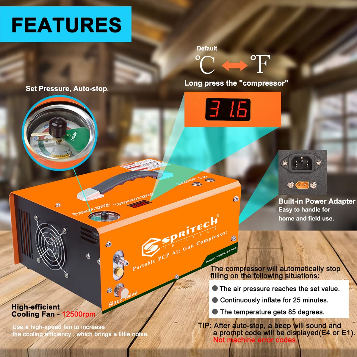 High-Pressure PCP Air Compressor 4500PSI/30MPA - Oil-Free & Water-Free with Auto Shutoff, Built-in Power Adapter (110V AC/12V DC) - Perfect for Paintball Tanks, Air Guns & Scuba Diving Gear