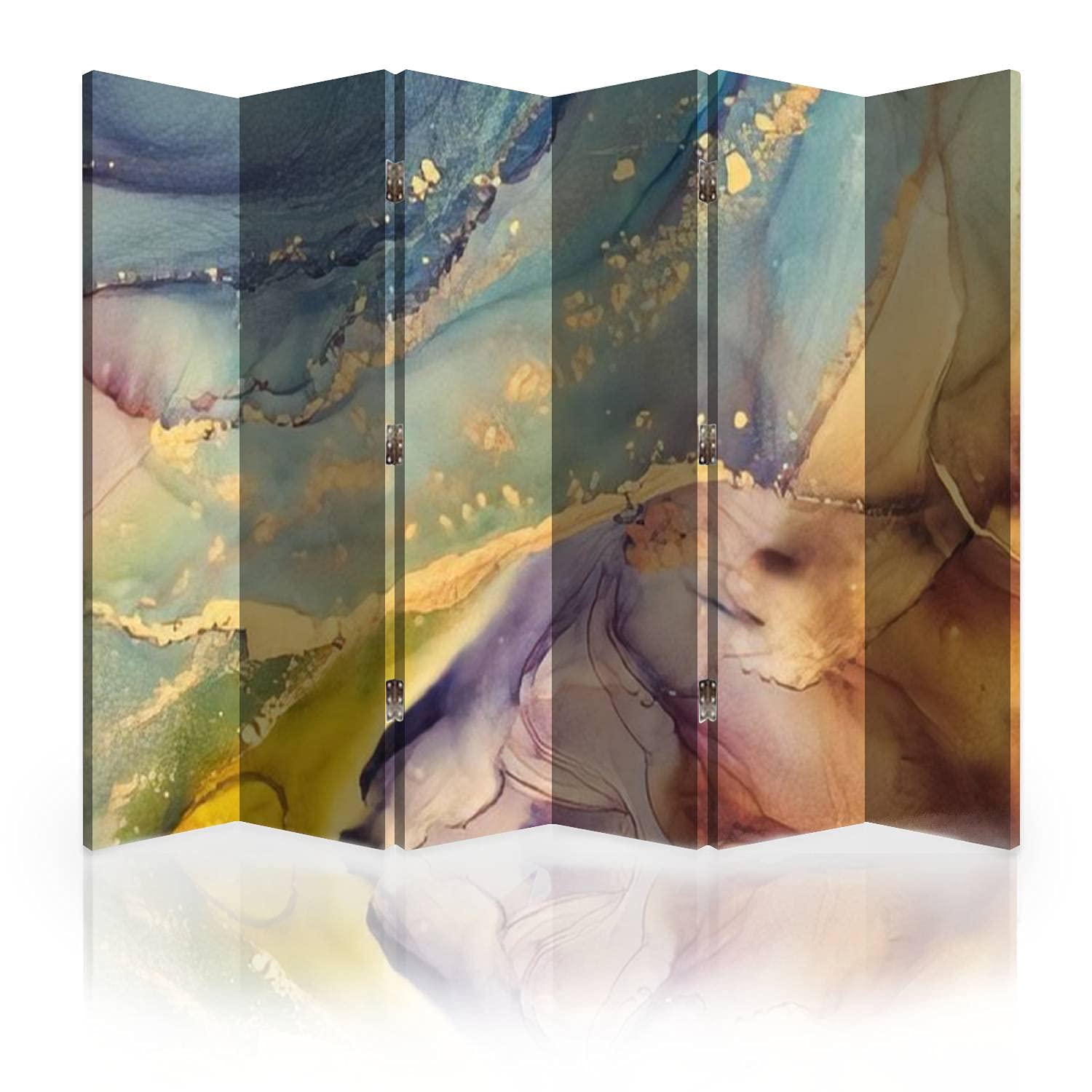 Luxury Canvas Room Divider Screen - 6 Panel Folding Privacy Partition with Abstract Alcohol Ink Fluid Art Painting | Natural Home Decor for Living Room, Bedroom & Office Spaces