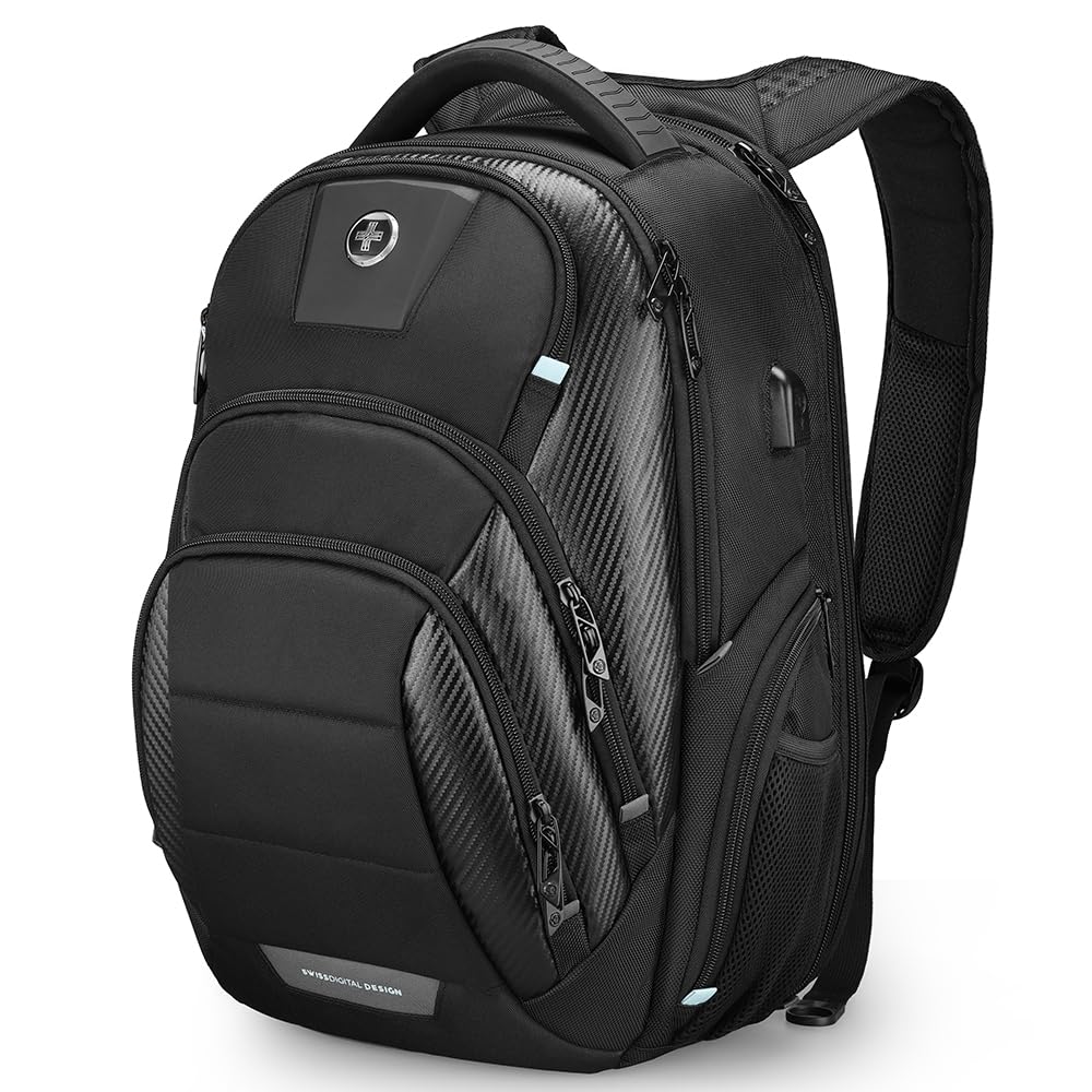 Swissdigital Men's Laptop Backpack for Business & College - Large Capacity Travel Backpack with USB Charging Port & Apple Find My Support - Perfect for Work Commute, Business Trips & Campus Use