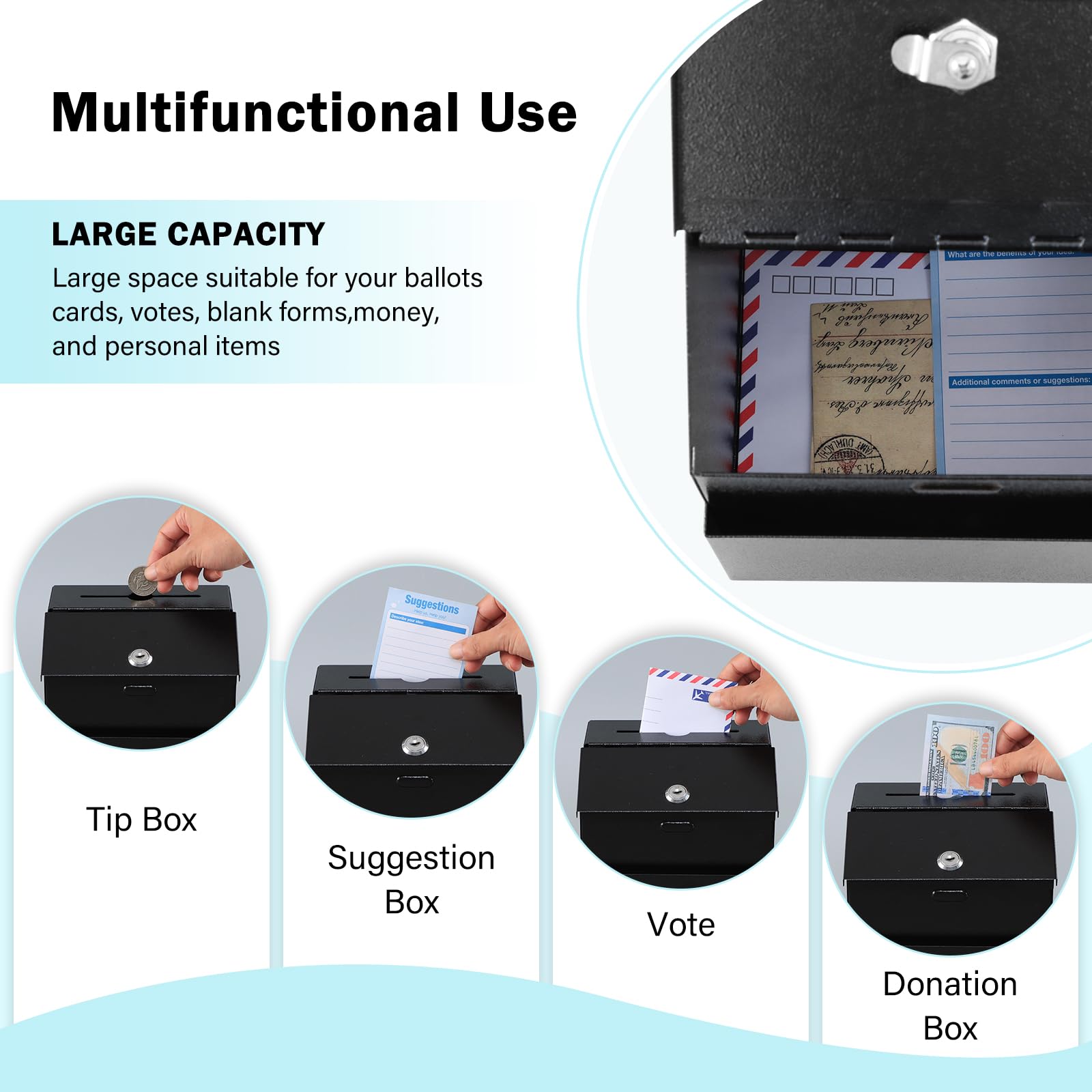 Wall Mountable Locking Suggestion Box with Key - Secure Donation Box, Voting Ballot Box, Collection Drop Box - Includes 50 Free Suggestion Cards - 7.1