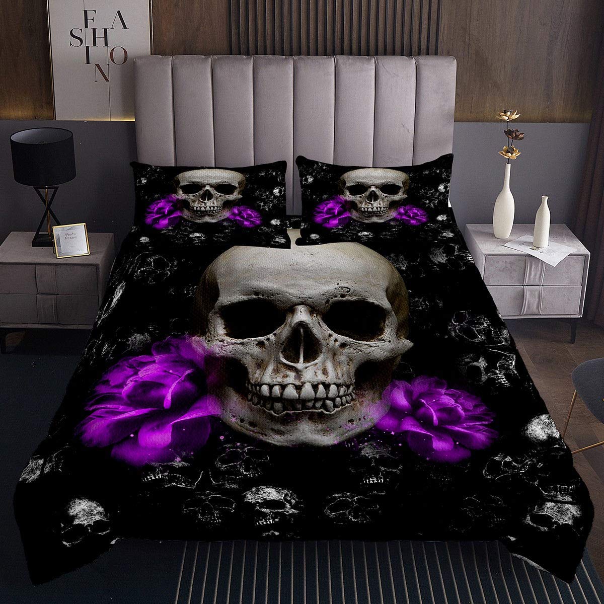 Erosebridal Sugar Skull Bedspread Set - Gothic Purple Floral Skull Print Quilt Cover with Pillowcase (Twin Size) | Skeleton Bone & Blossom Design for Kids, Youth & Adults Bedroom Decor | Perfect for Halloween, Gothic Themed Rooms & Unique Home Decor