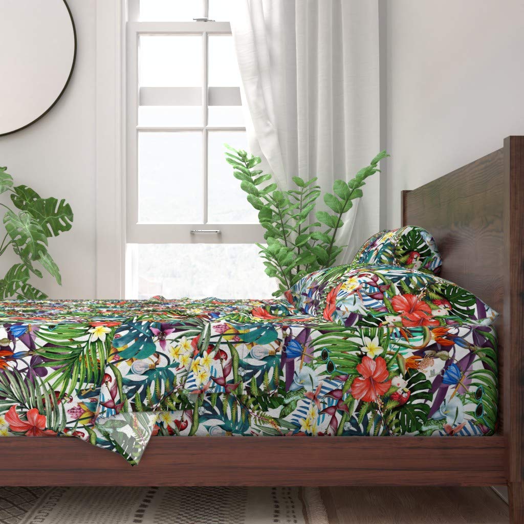 Tropical Bird Floral Print 100% Cotton Twin Sheet Set (3-Piece) | Soft Breathable Bedding for Home, Guest Room & Dorm | Nature-Inspired Leaves & White Flowers Design